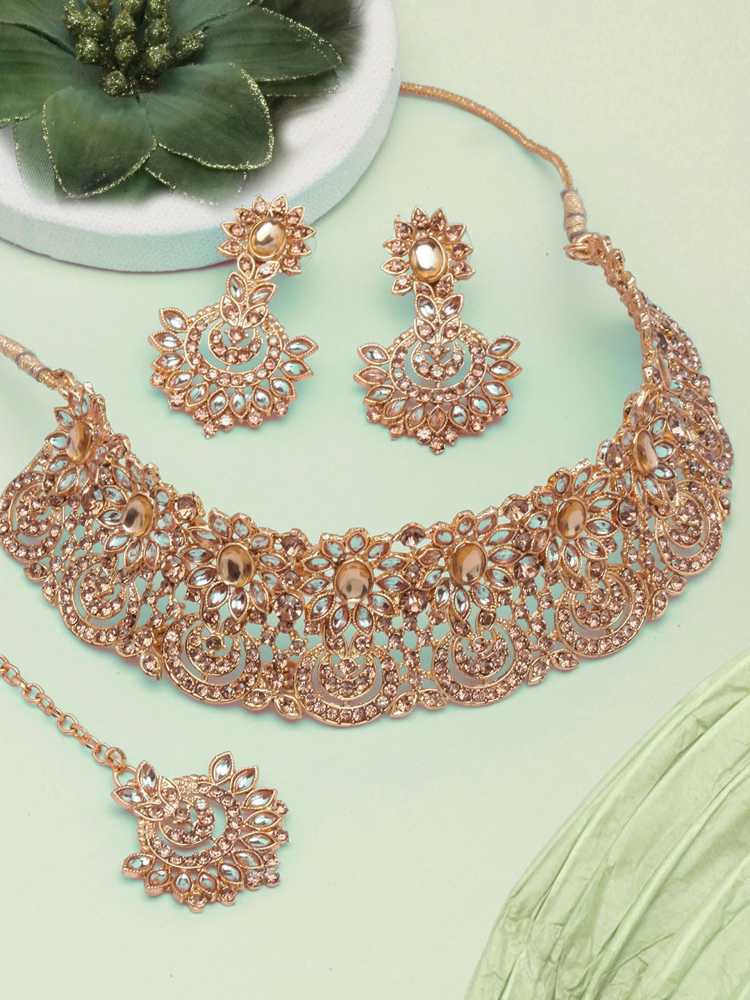

Anouk Gold-Plated Kundan Studded Brass Jewellery Set, Rose gold