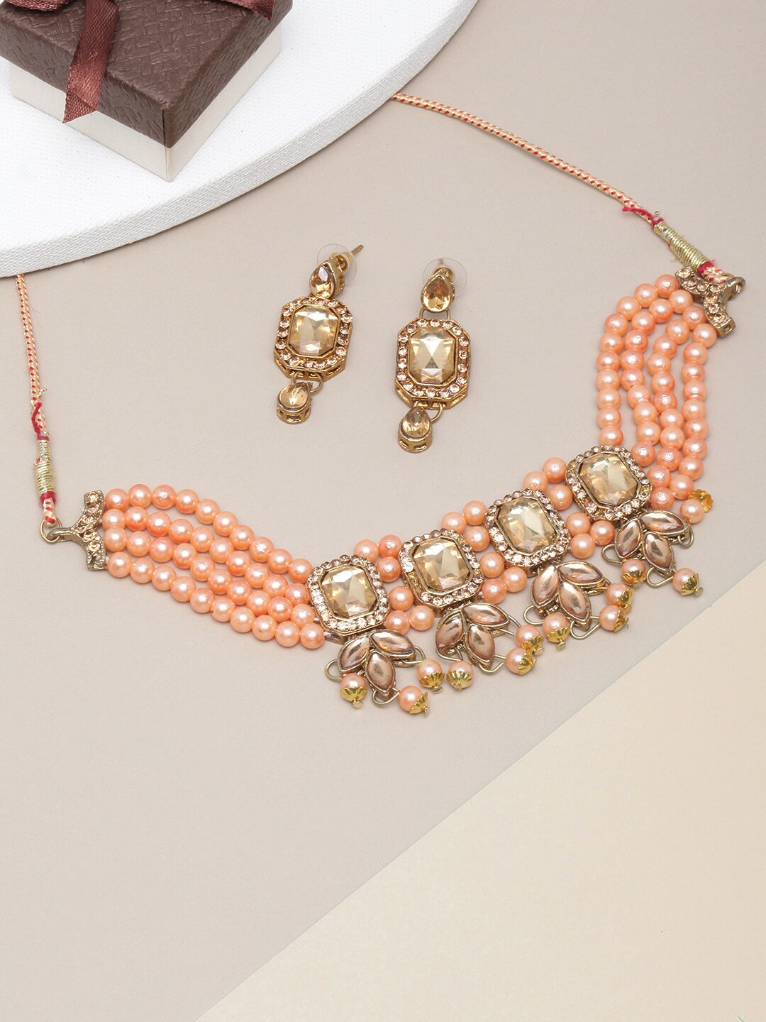 

Anouk Gold-Plated Stone Studded & Beaded Jewellery Set, Orange