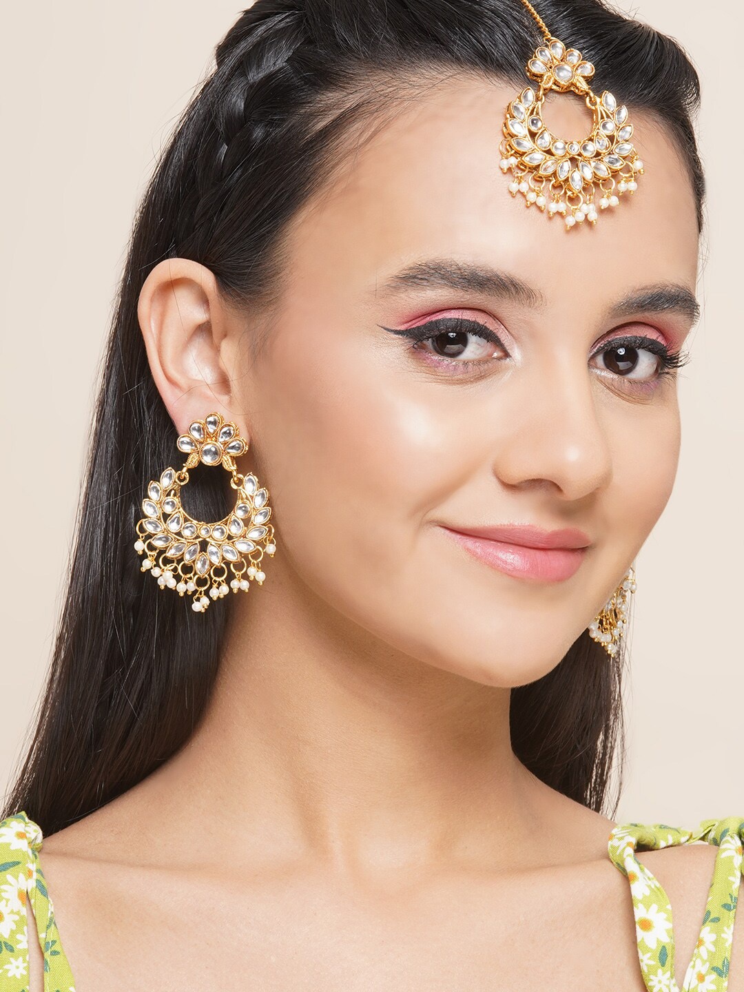 

Anouk Gold-Plated Stone-Studded & Pearl Beaded Maangtikaa & Earrings Set, White
