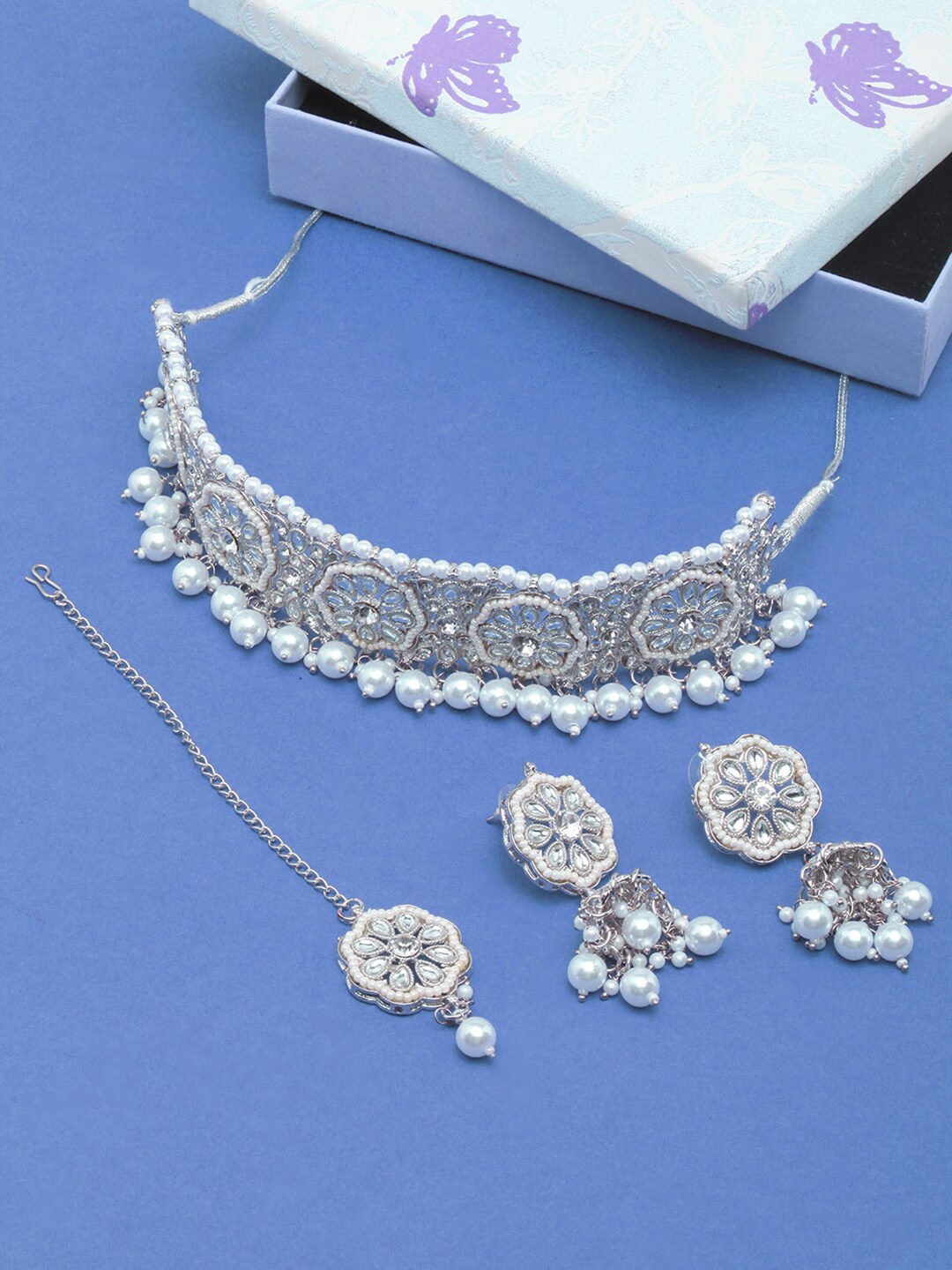

Anouk Silver-Plated Stones Studded & Beaded Jewellery Set, White