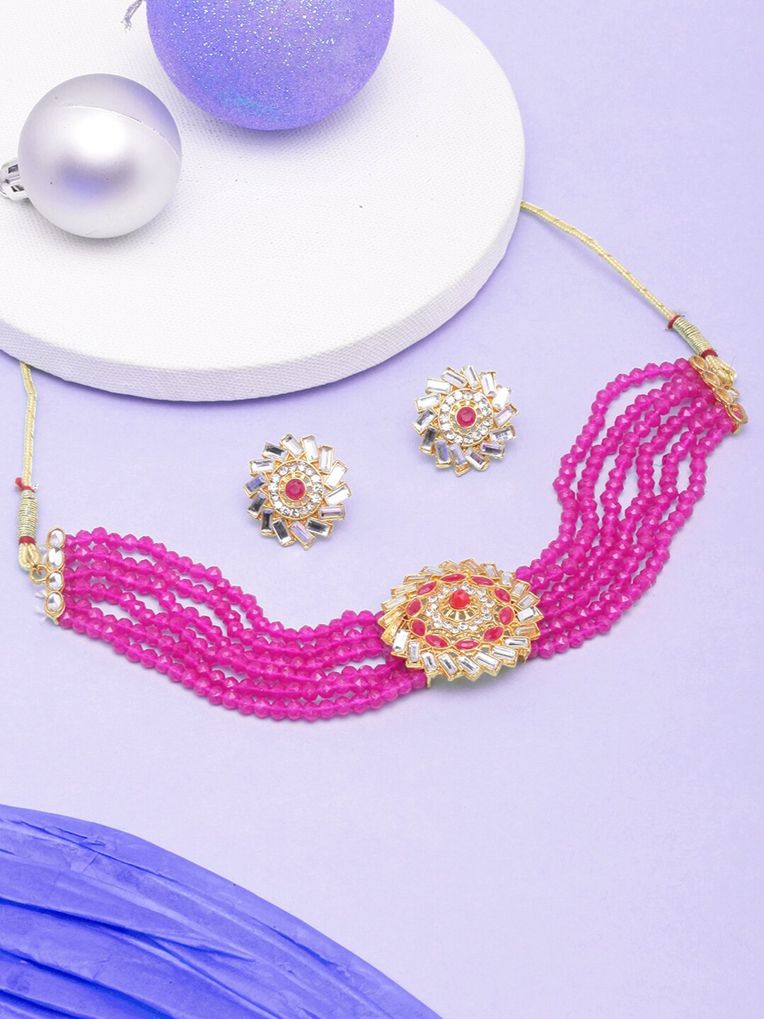 

Anouk Women Gold-Plated Stone-Studded & Pearl Beaded Choker Jewellery Set, Pink