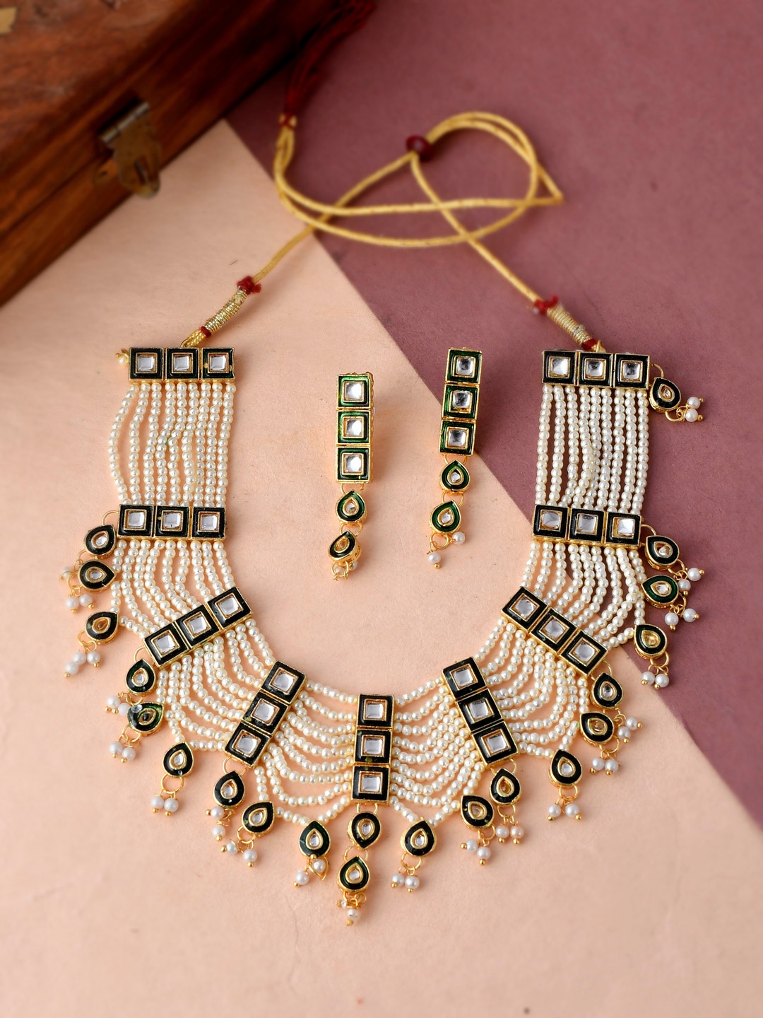 

Silvermerc Designs Gold-Plated Kundan Studded & Beaded Traditional Jewellery Set