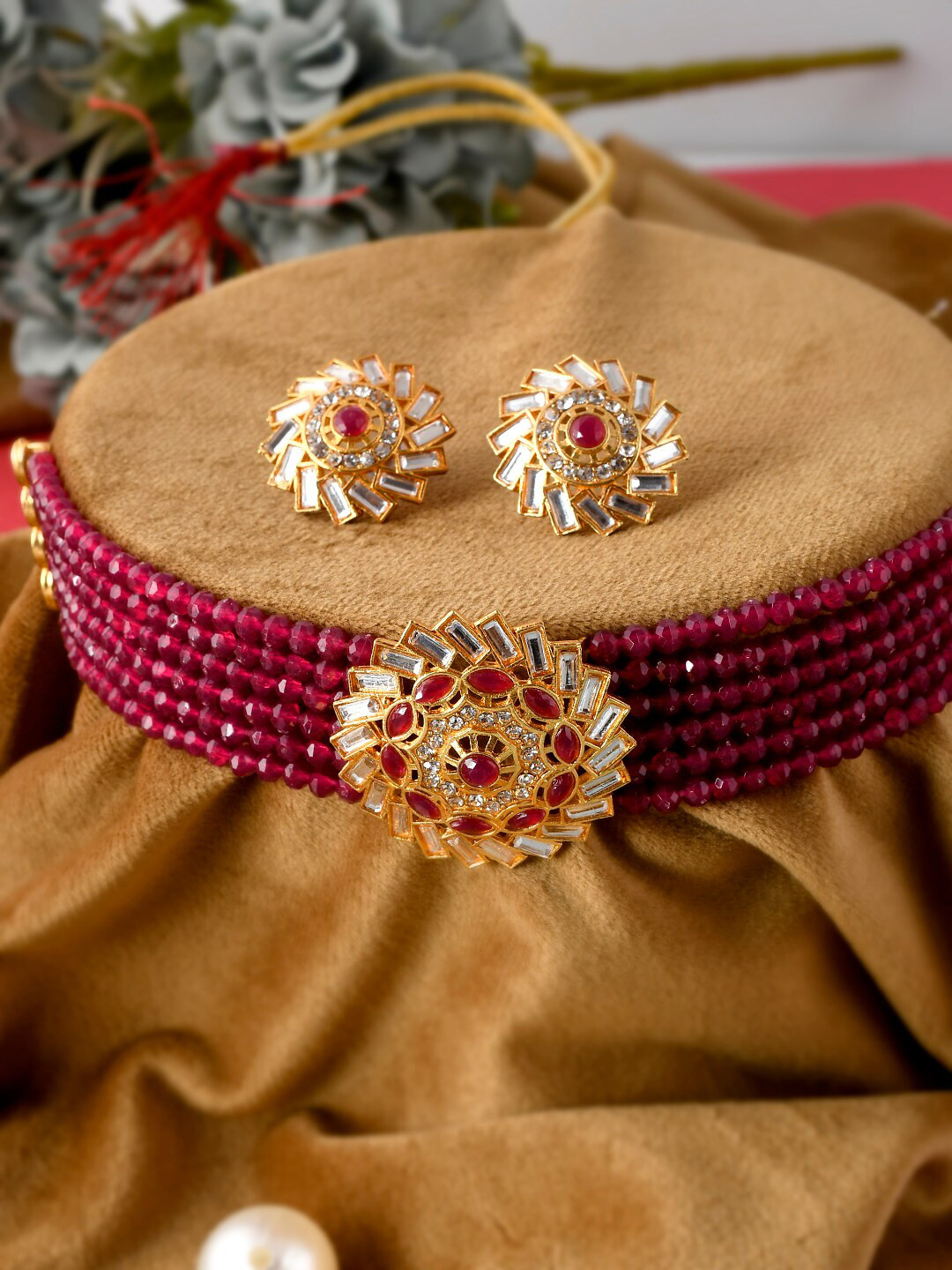 

Silvermerc Designs Gold-Plated Stone-Studded & Beaded Choker Jewellery Set, Red