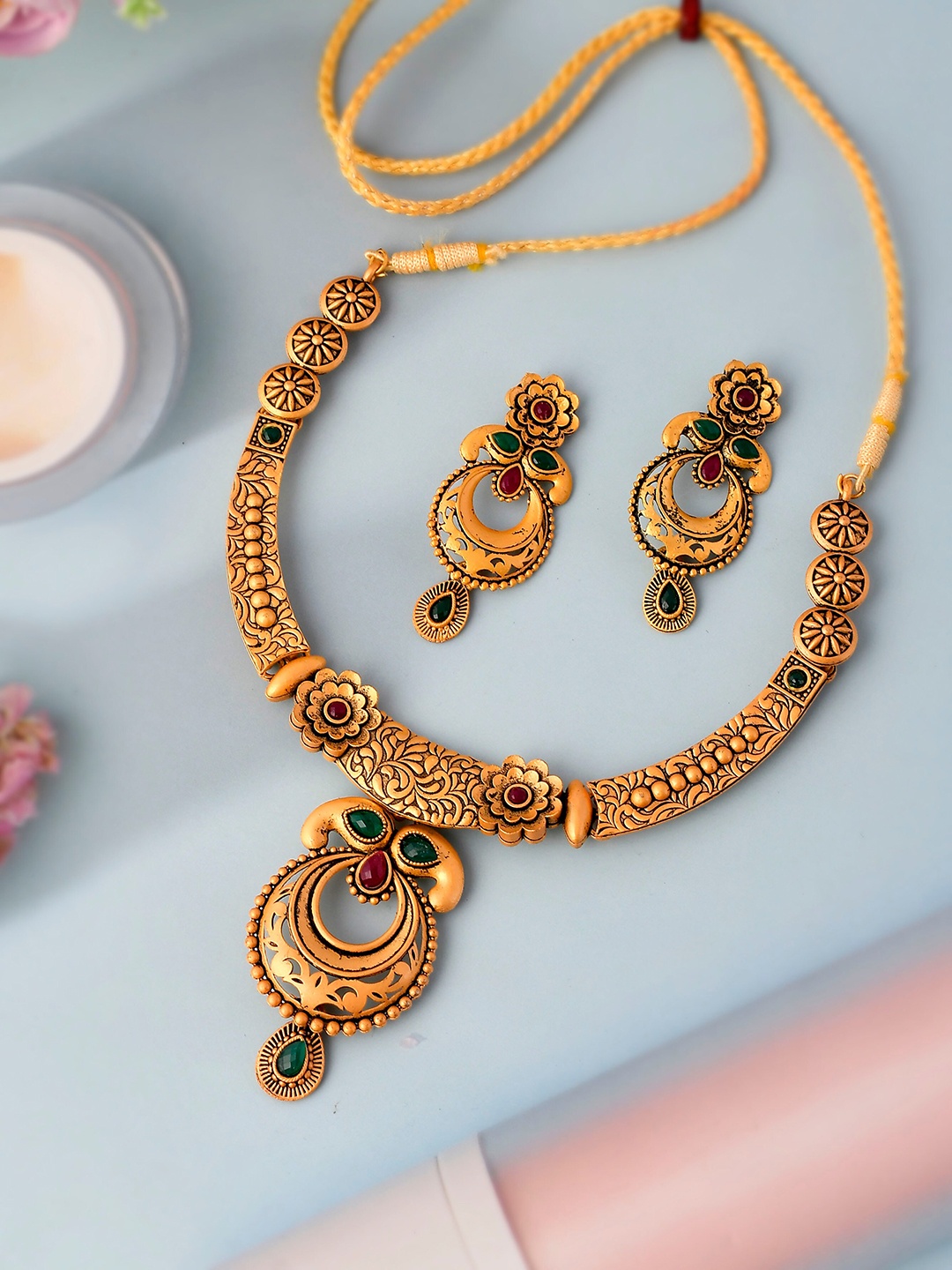 

Silvermerc Designs Gold-Plated Stone-Studded Temple Jewellery Set, Green