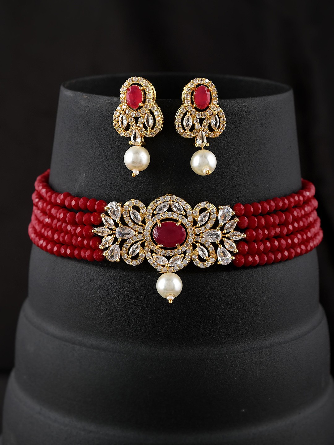 

Silvermerc Designs Gold-Plated American Diamond-Studded Layered Jewellery Set, Red
