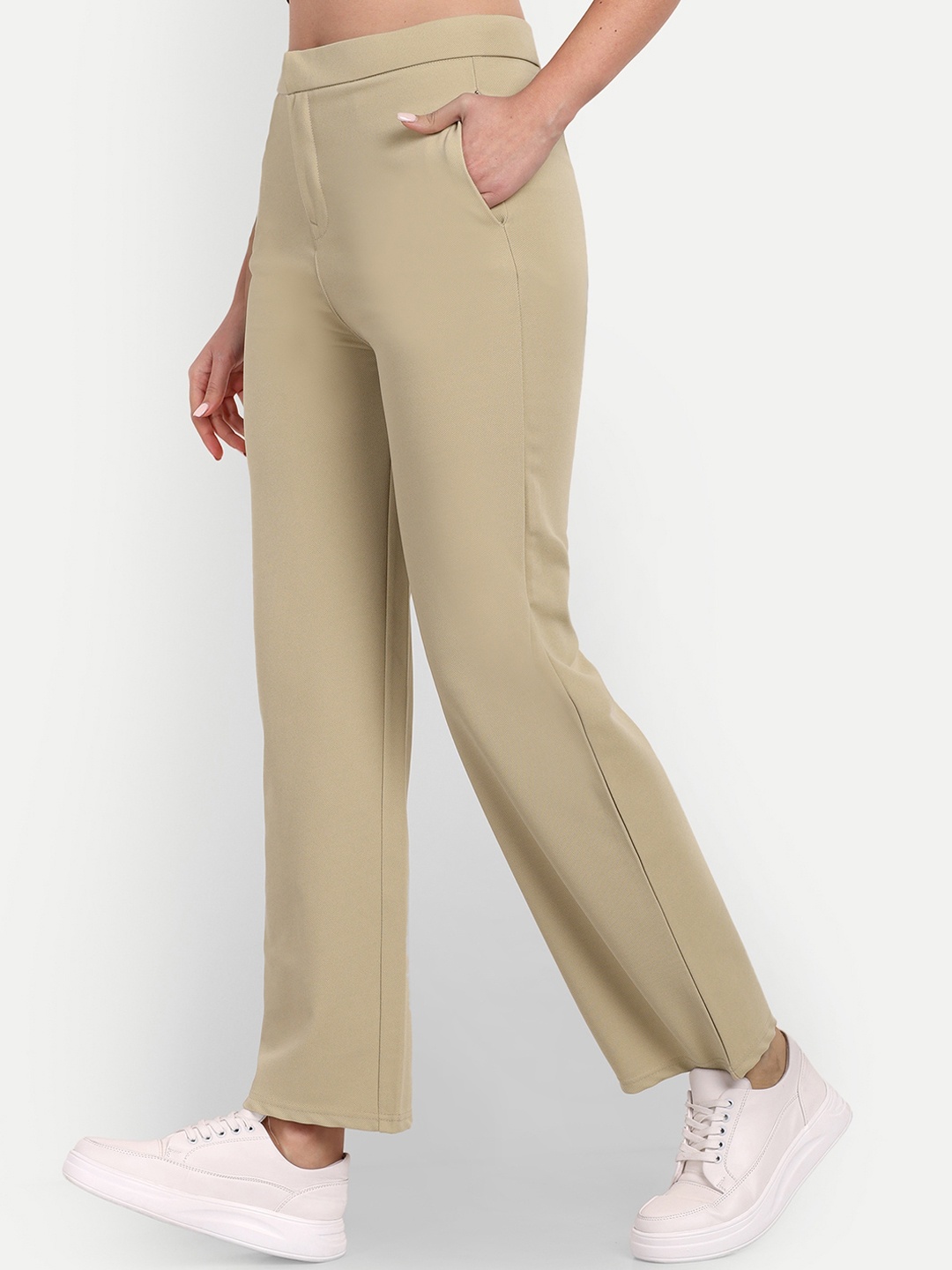 

BROADSTAR Women Relaxed Straight Leg Straight Fit High-Rise Trousers, Beige