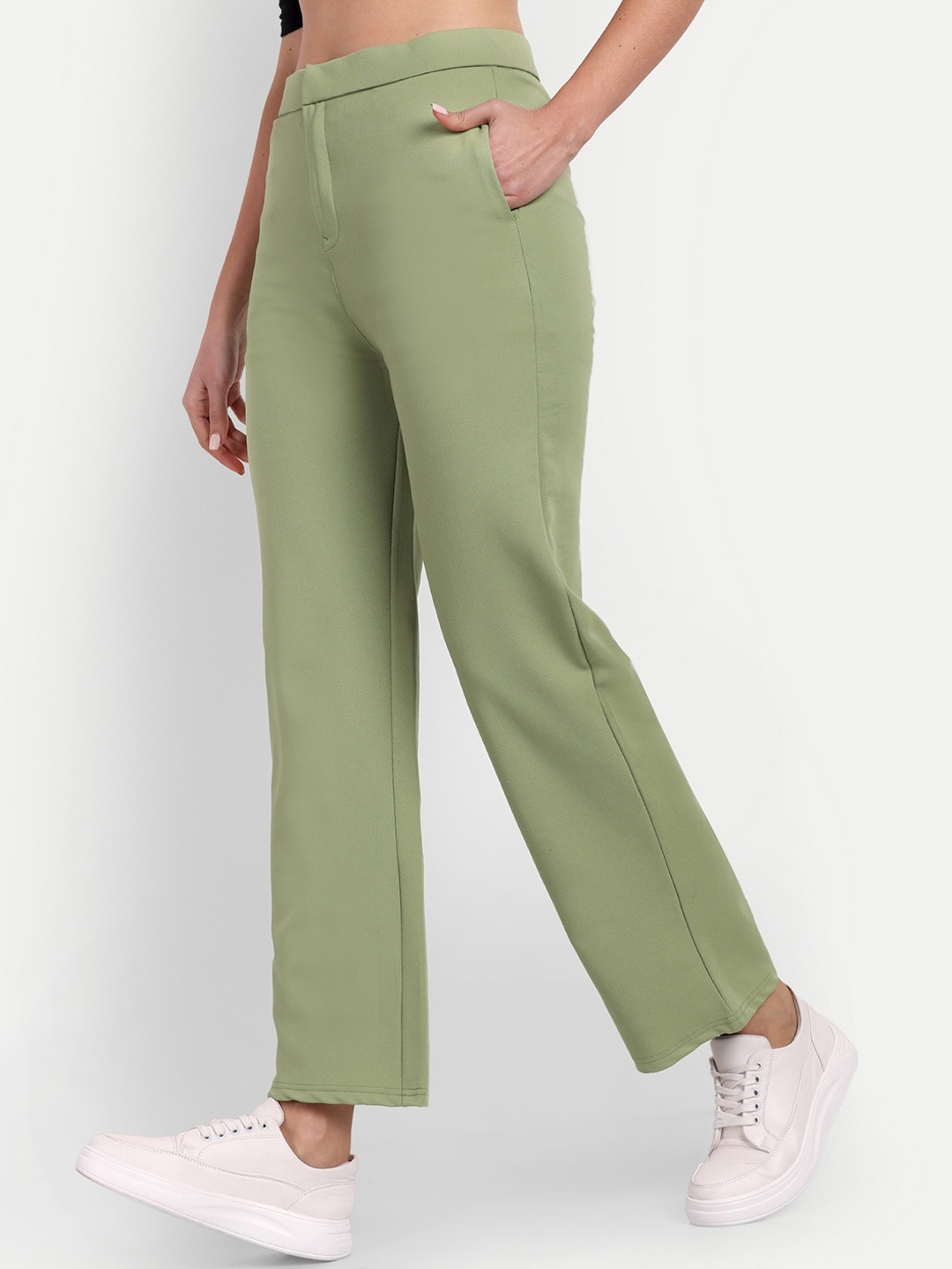 

BROADSTAR Women Relaxed Straight Leg Straight Fit High-Rise Easy Wash Trousers, Green