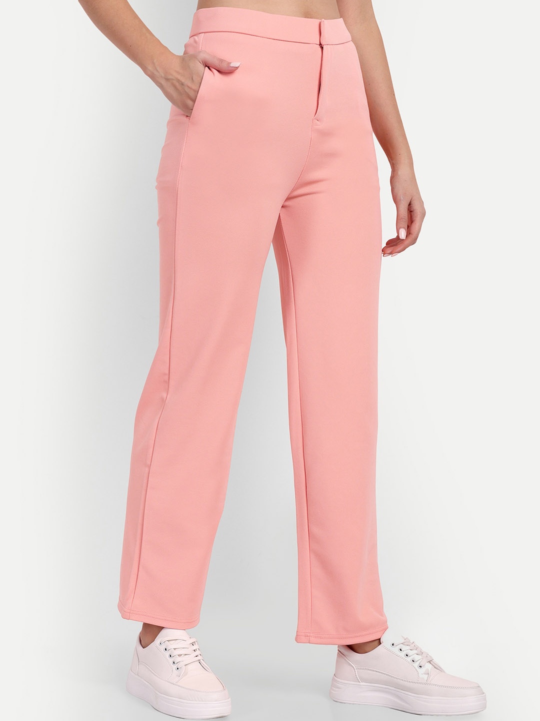 

BROADSTAR Women Relaxed Straight Leg Straight Fit High-Rise Easy Wash Trousers, Pink