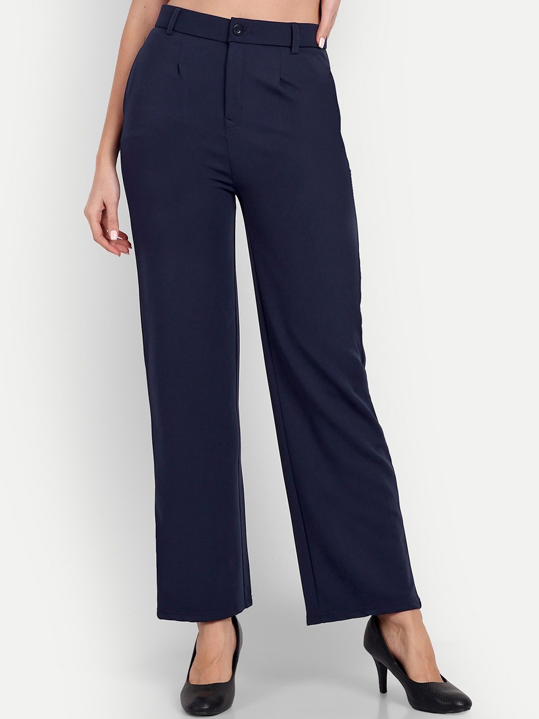 

BROADSTAR Women Tailored Straight Fit High-Rise Easy Wash Formal Trousers, Navy blue