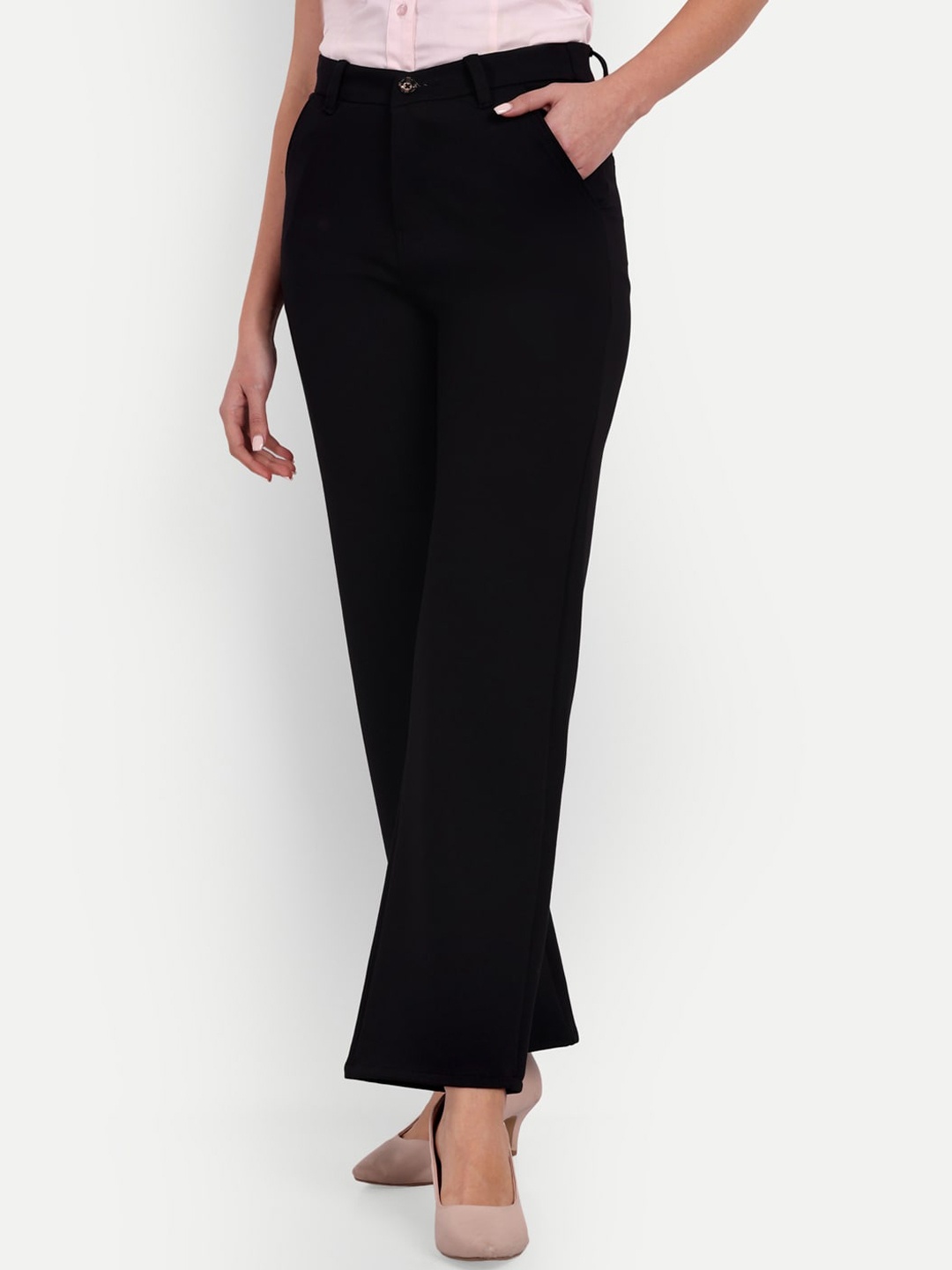 

BROADSTAR Women Straight Leg Loose Fit High-Rise Bootcut Trousers, Black