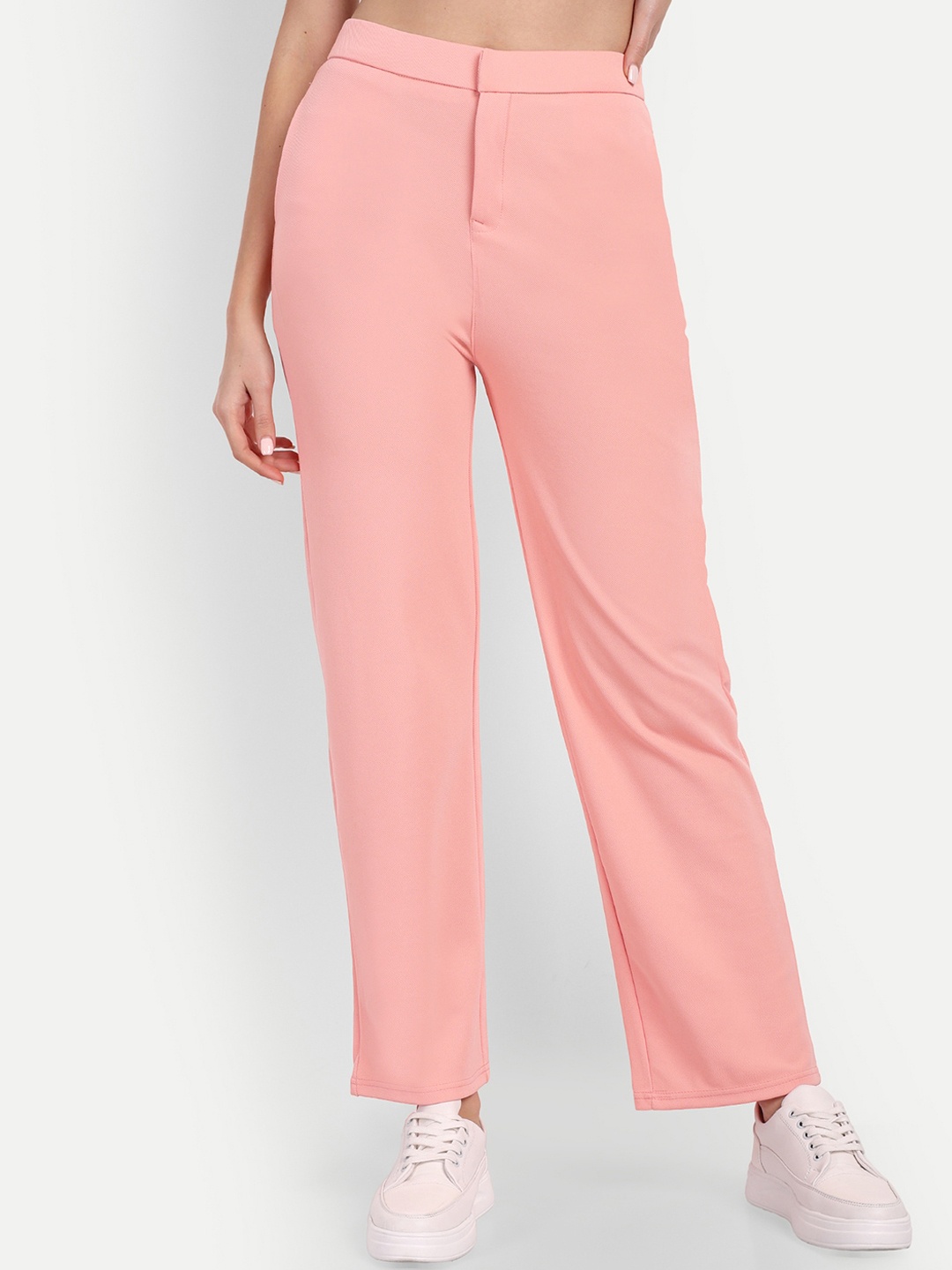 

BROADSTAR Women Straight Leg Straight Fit High-Rise Trousers, Pink