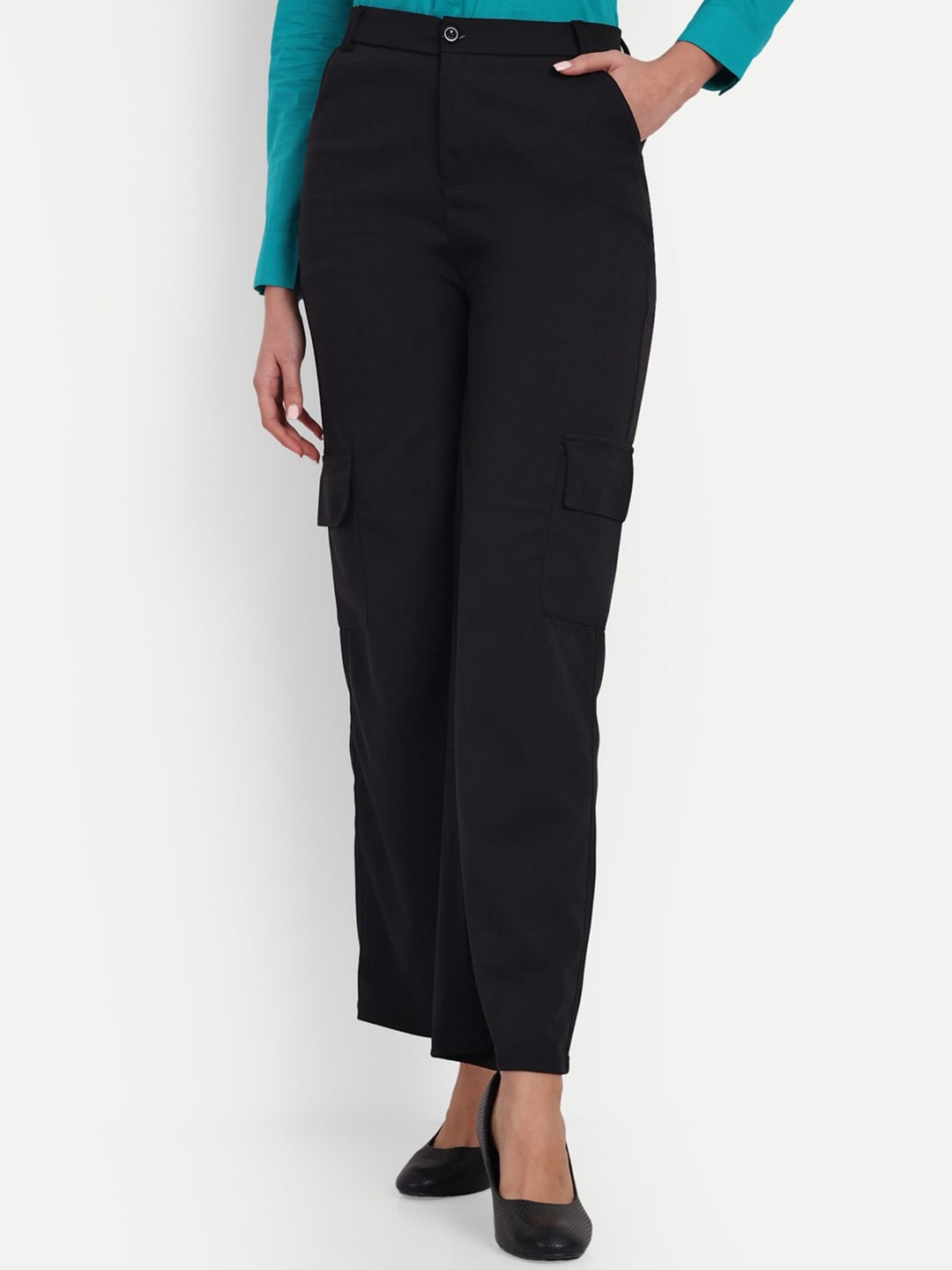 

BROADSTAR Women Smart Loose Fit High-Rise Easy Wash Cargo Trousers, Black