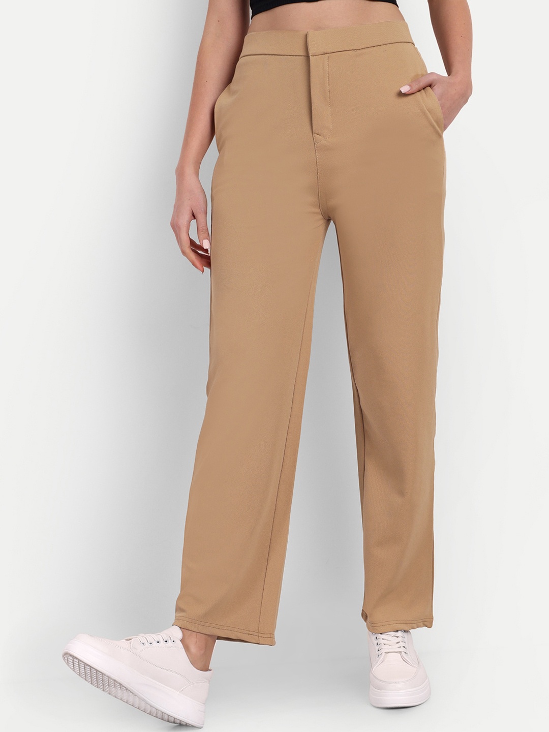 

BROADSTAR Women Relaxed Straight Leg Straight Fit High-Rise Easy Wash Trousers, Gold