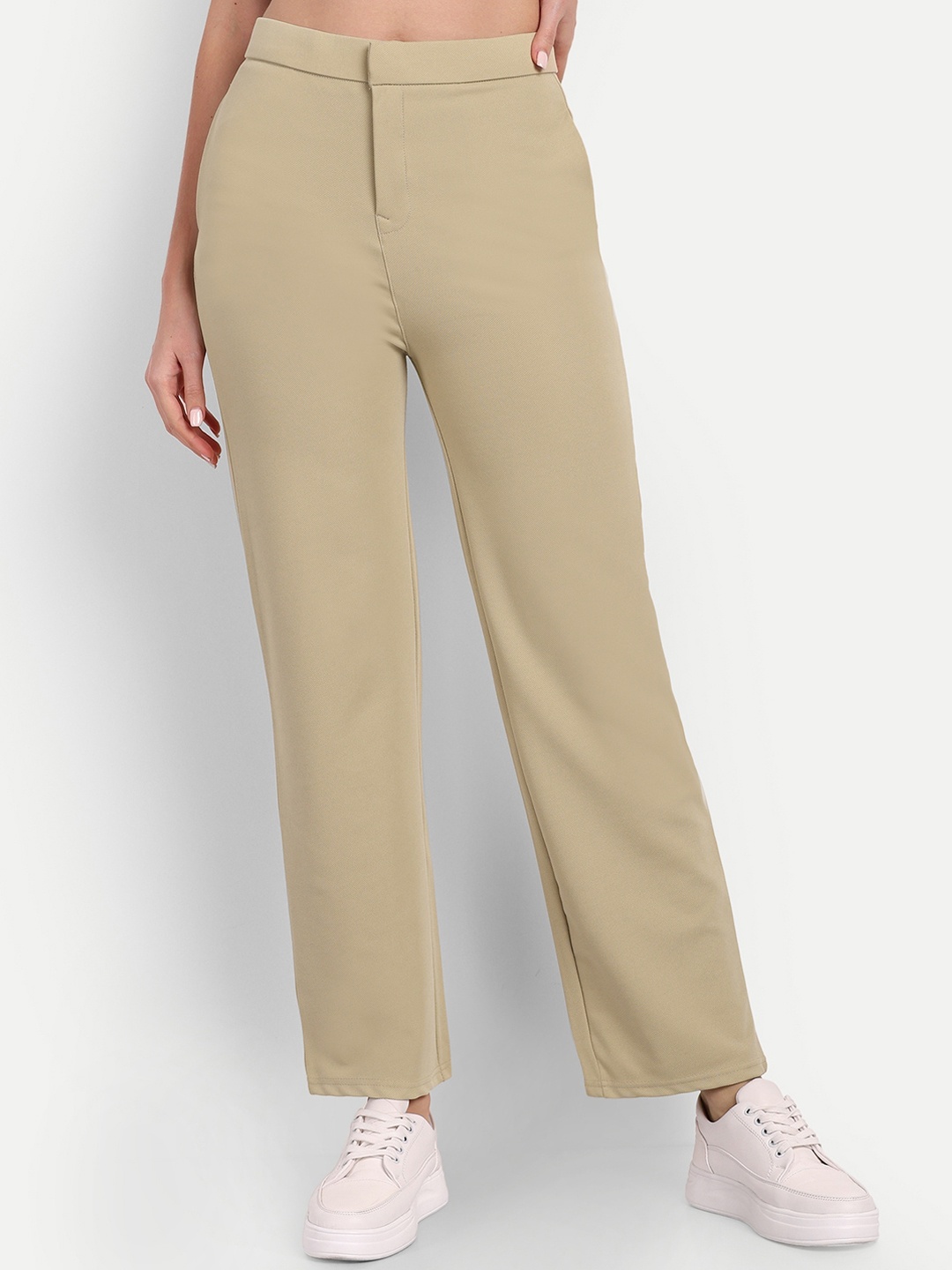 

BROADSTAR Women Relaxed Straight Leg Straight Fit High-Rise Easy Wash Trousers, Beige