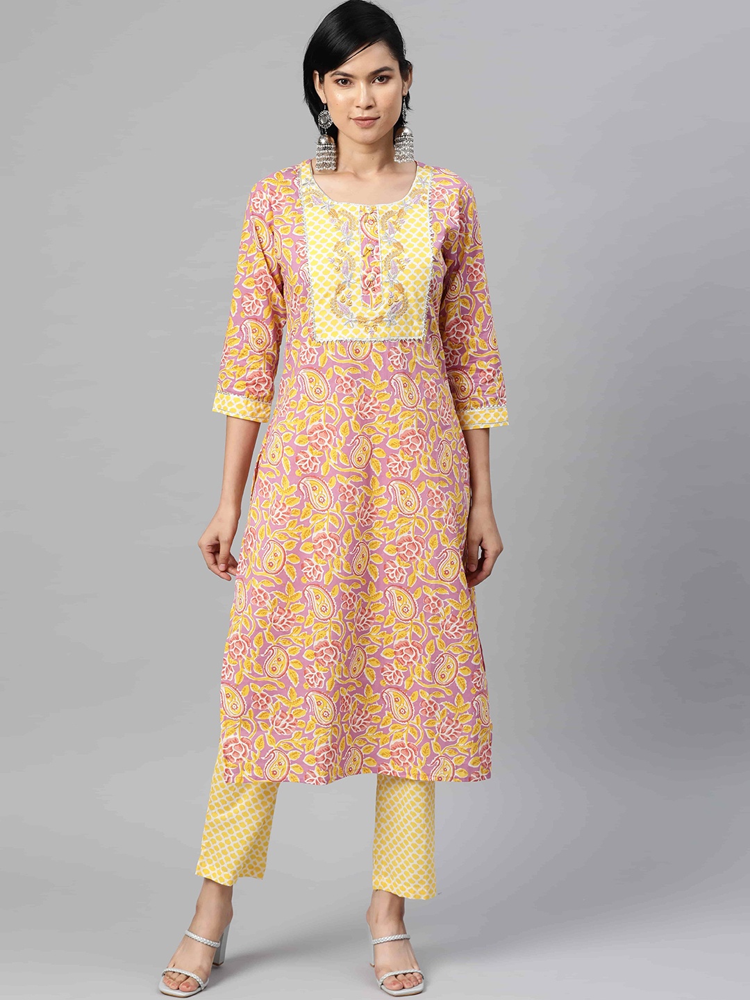 

INDYES Floral Yoke Design Gotta Patti Pure Cotton Kurta with Trousers, Lavender