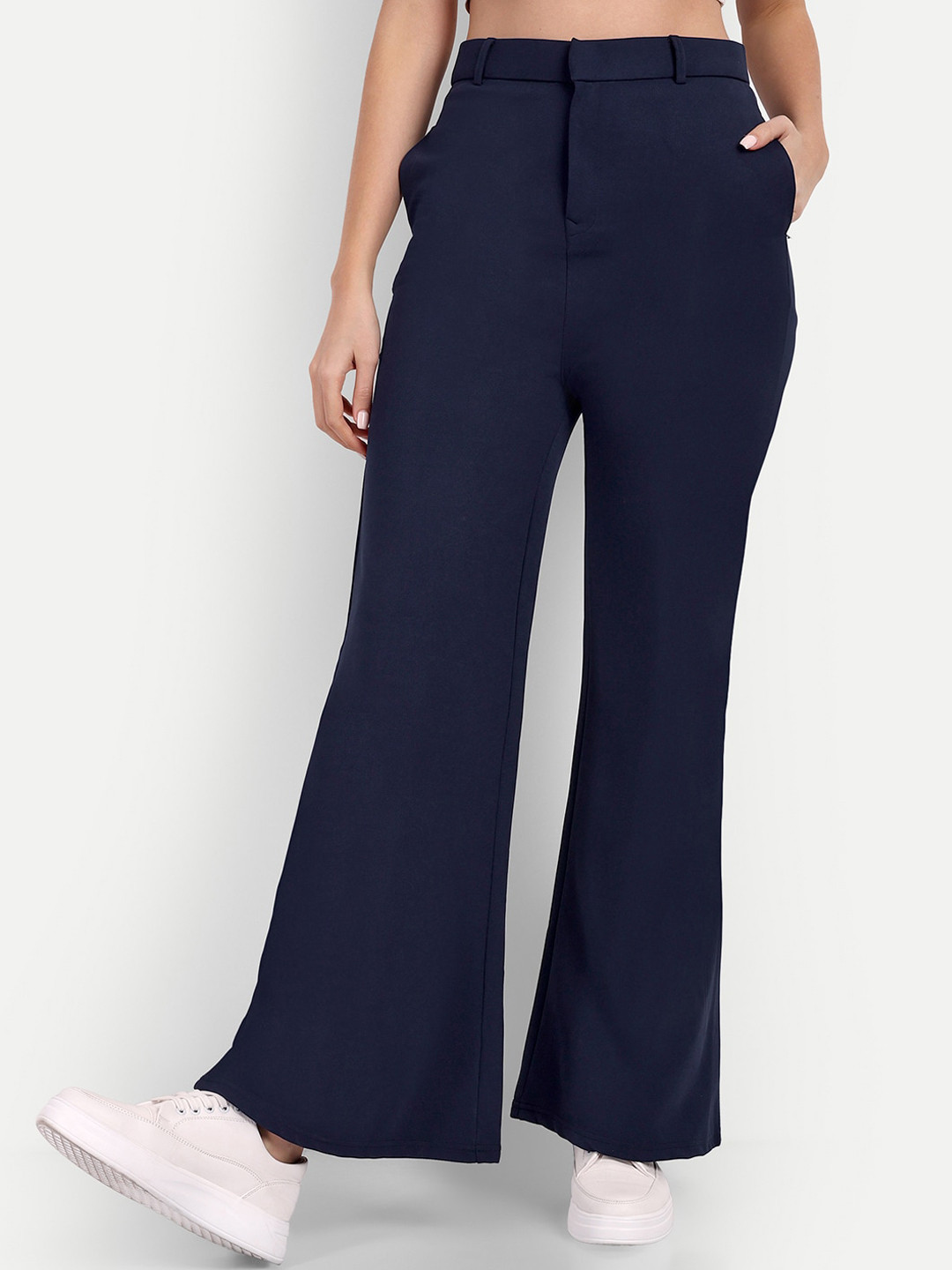 

Next One Women Smart Flared High-Rise Easy Wash Trousers, Navy blue