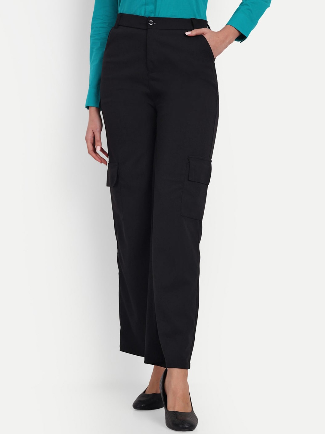 

Next One Women Loose Fit High-Rise Easy Wash Cargos Trousers, Black