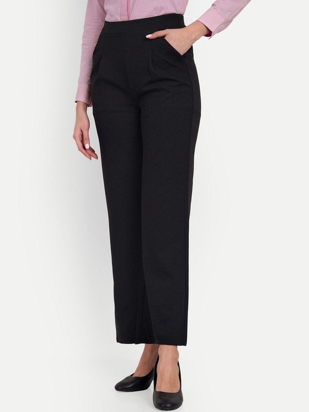 

Next One Women Tailored Loose Fit High-Rise Easy Wash Pleated Trousers, Black