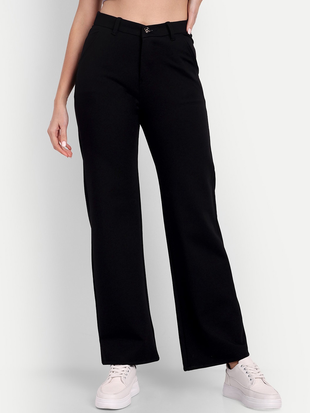 

Next One Women Relaxed Straight Leg High-Rise Easy Wash Knitted Parallel Trousers, Black