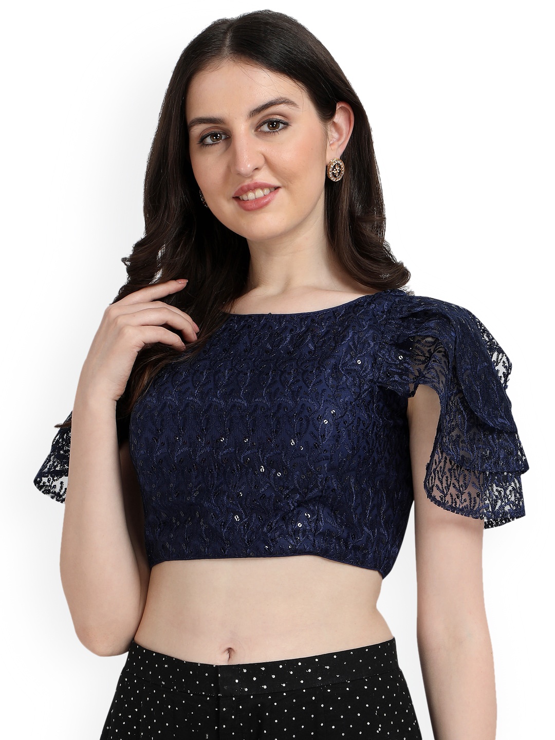 

Fab Dadu Embroidered Net Boat Neck Saree Blouse, Navy blue