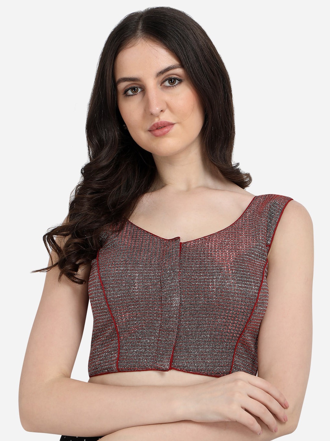

Fab Dadu Embellished Silk Round Neck Saree Blouse, Red