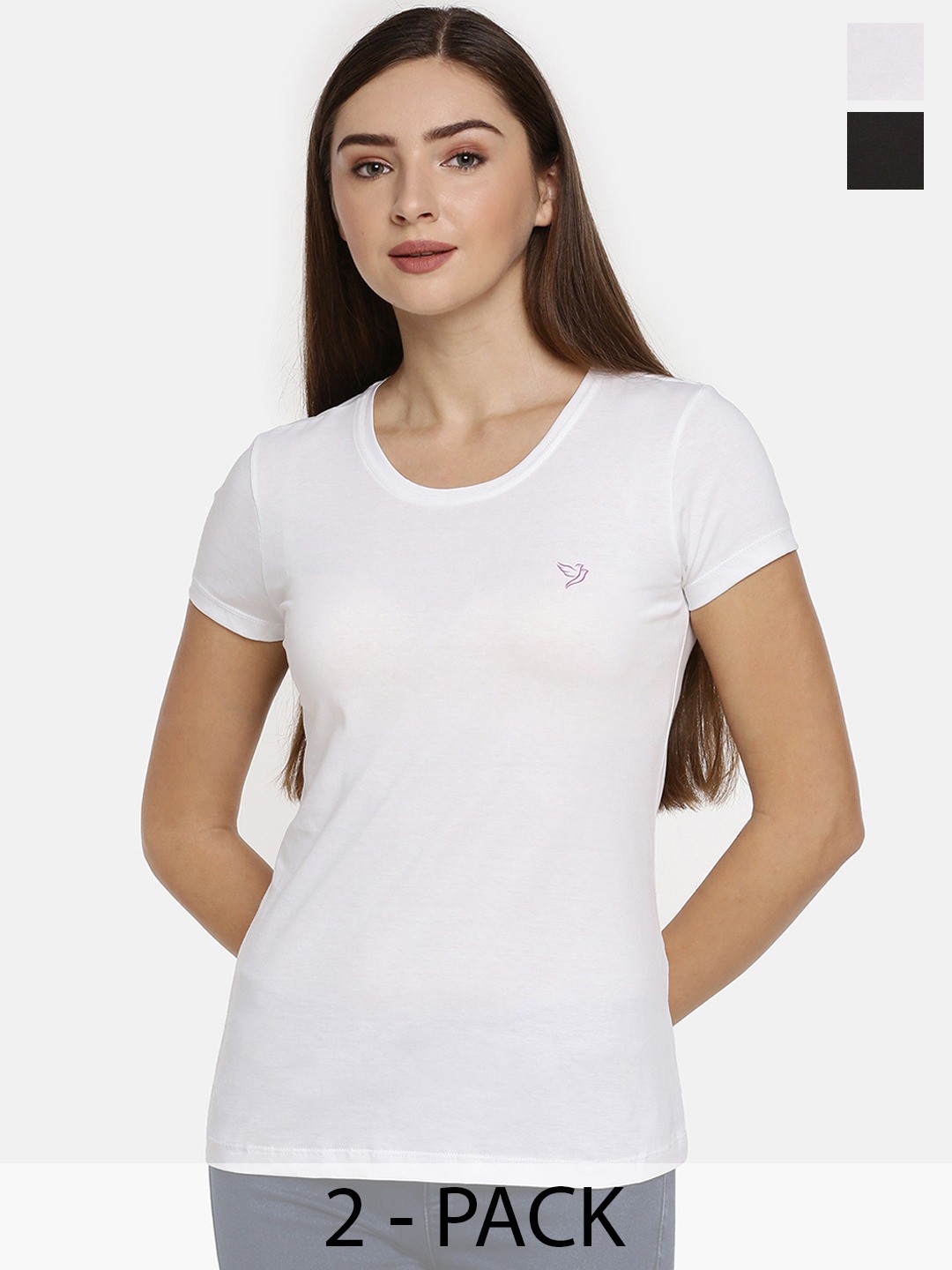 

TWIN BIRDS Women Pack of 2 Round Neck Cotton T-shirt, Black