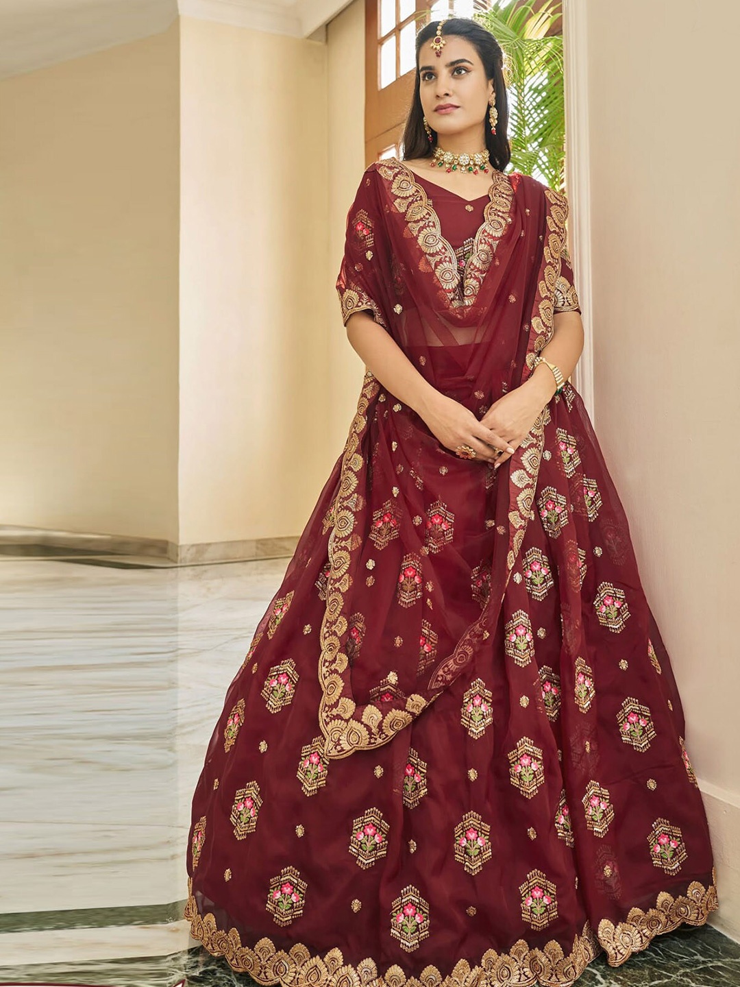 

ODETTE Embroidered Sequinned Semi-Stitched Lehenga & Unstitched Blouse With Dupatta, Maroon