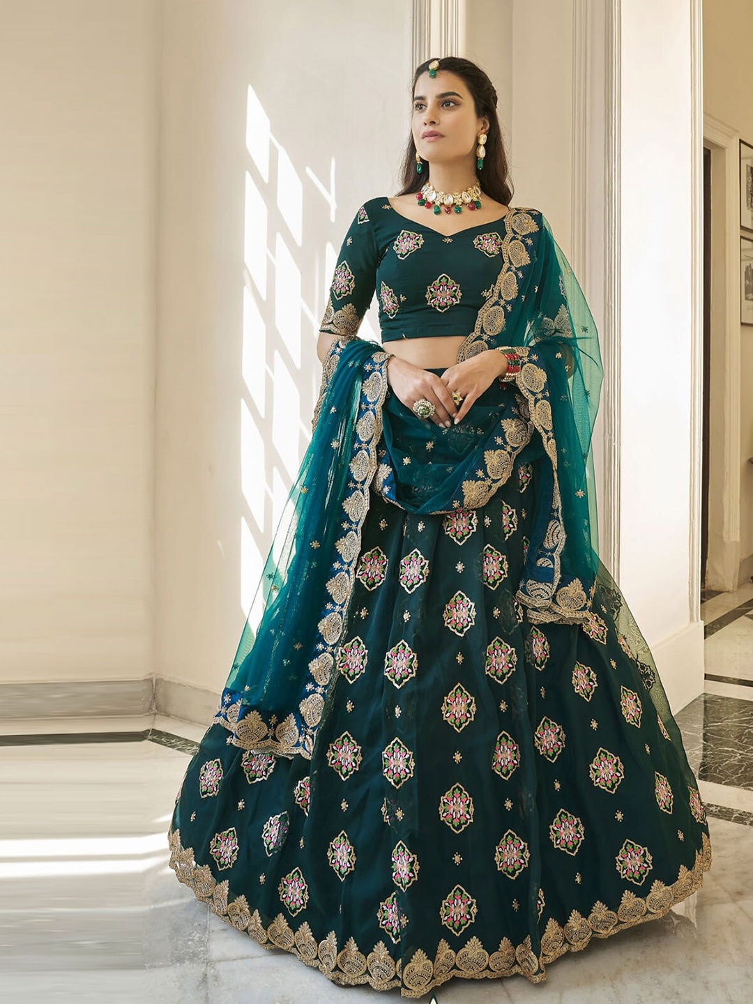 

ODETTE Embroidered Thread Work Semi-Stitched Lehenga & Unstitched Blouse With Dupatta, Teal