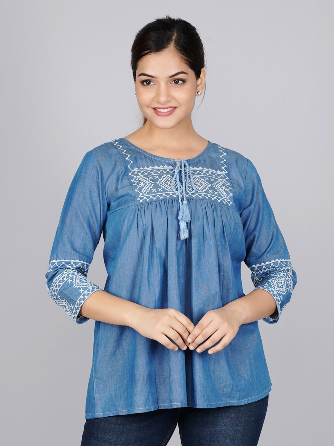 

SUMAVI-FASHION Embroidered Tie-Up Neck Denim Top, Blue