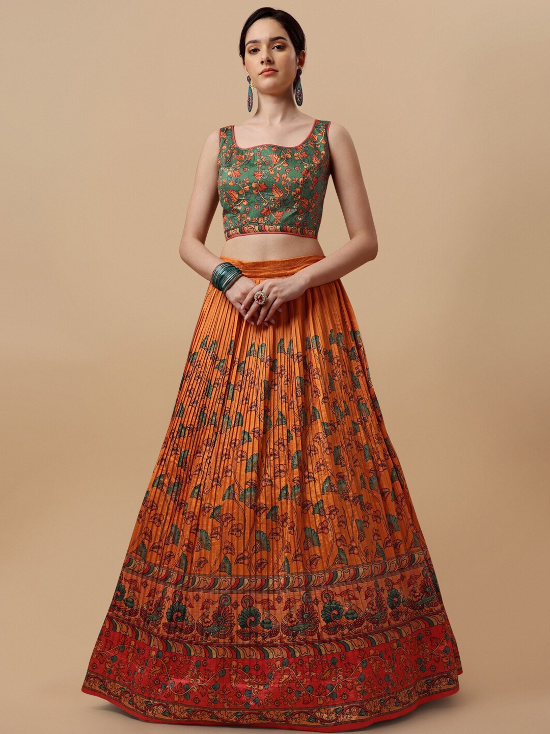 

SAPTRANGI Printed Kalamkari Ready to Wear Lehenga & Blouse With Dupatta, Orange