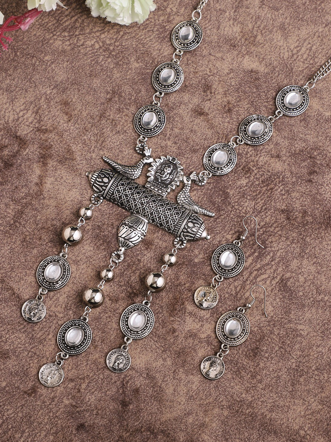 

VENI Brass Silver-Plated Oxidised Jewellery Set