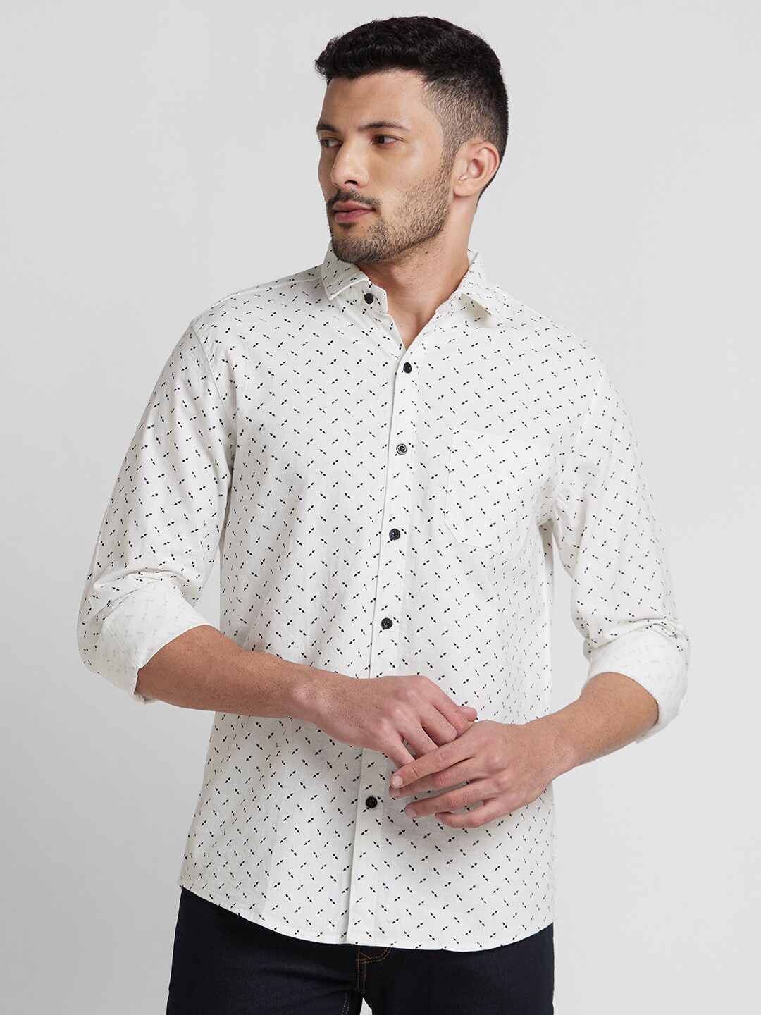 

Nick&Jess Men Printed Casual Linen Shirt, White