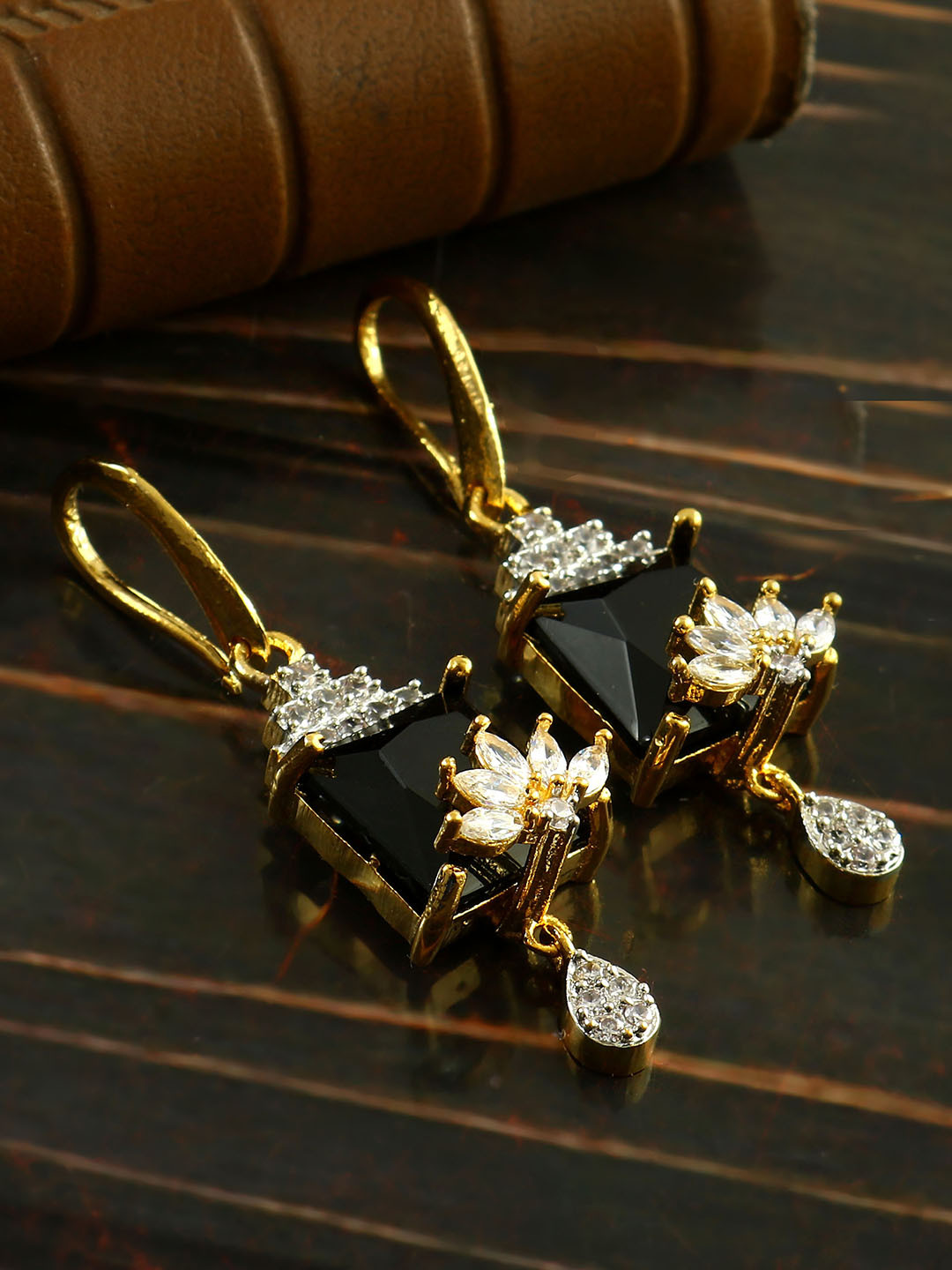 

Jewar Mandi Gold-Plated Contemporary Drop Earrings, Black