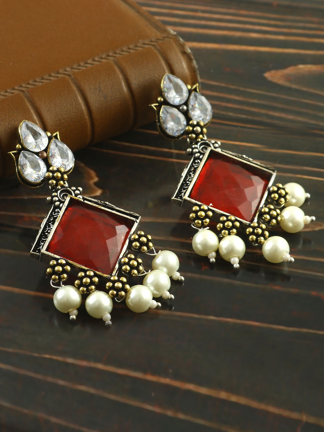 

Jewar Mandi Gold-Plated Contemporary Drop Earrings, Maroon