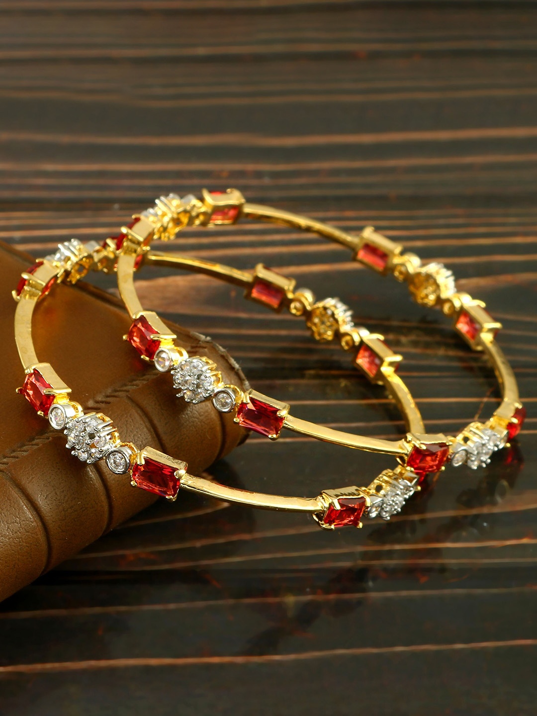 

Jewar Mandi Set Of 2 Gold-Plated CZ & AD Studded Bangles, Red