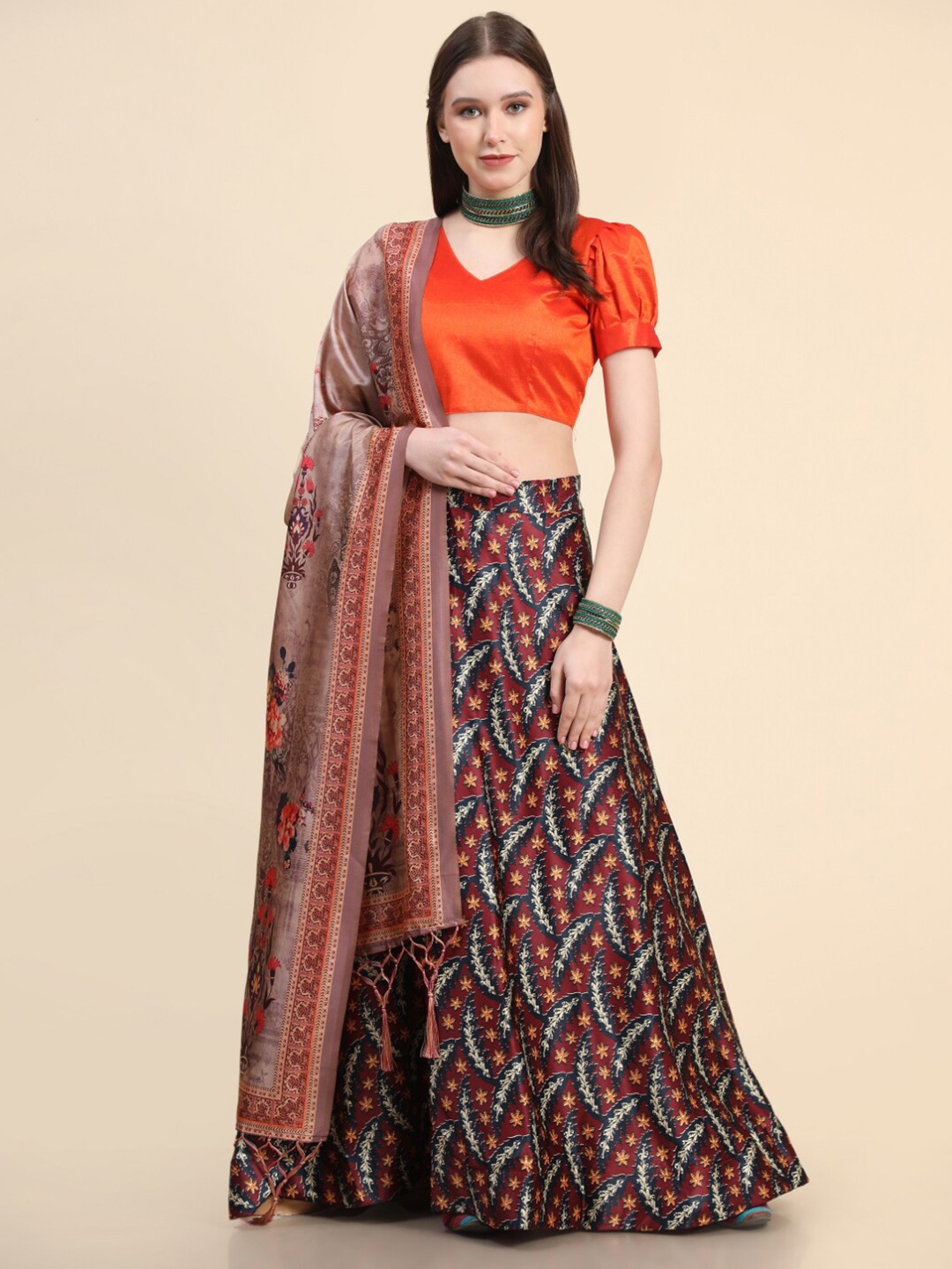 

Kaizen TEXO FAB Printed Semi-Stitched Lehenga & Unstitched Blouse With Dupatta, Maroon