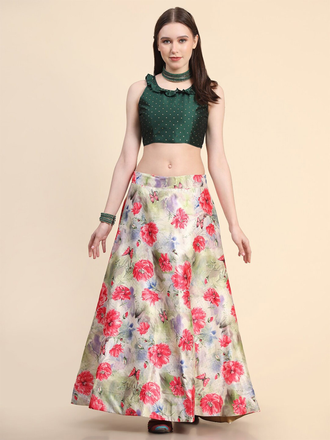 

Kaizen TEXO FAB Printed Semi-Stitched Lehenga & Unstitched Blouse With Dupatta, Olive