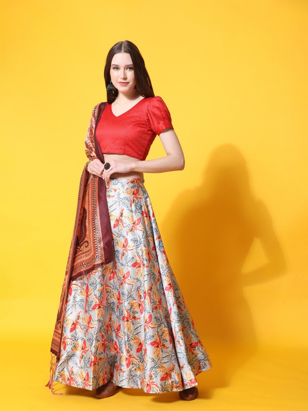 

Kaizen TEXO FAB Printed Semi-Stitched Lehenga & Unstitched Blouse With Dupatta, Orange