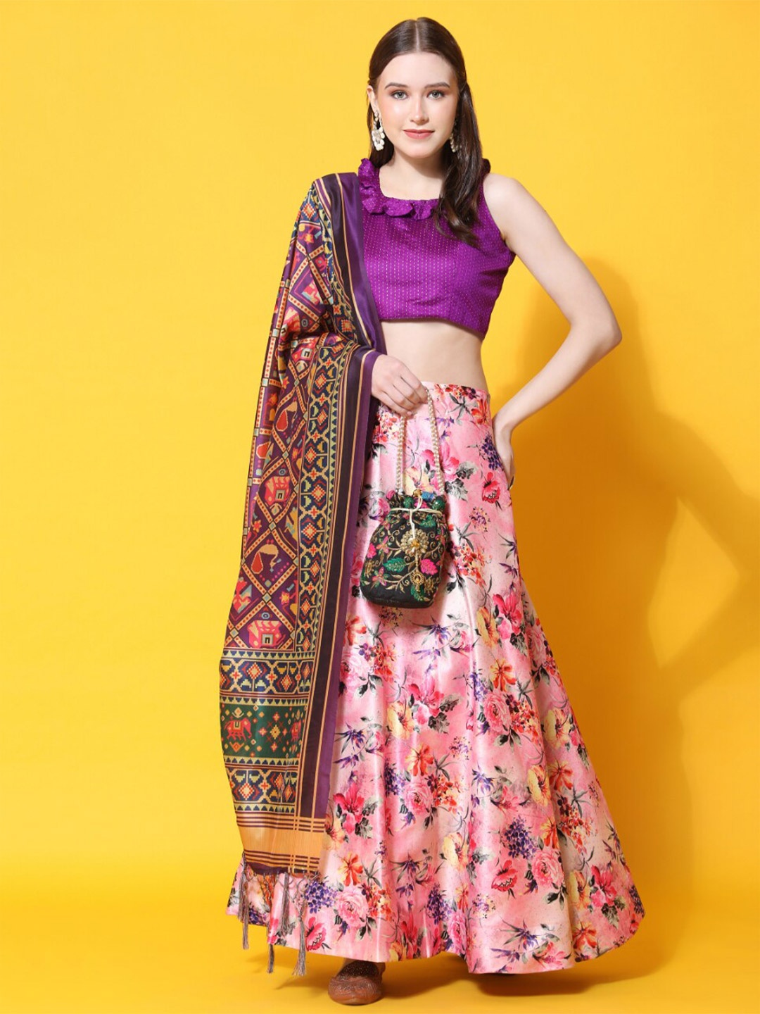 

Kaizen TEXO FAB Printed Semi-Stitched Lehenga & Unstitched Blouse With Dupatta, Purple