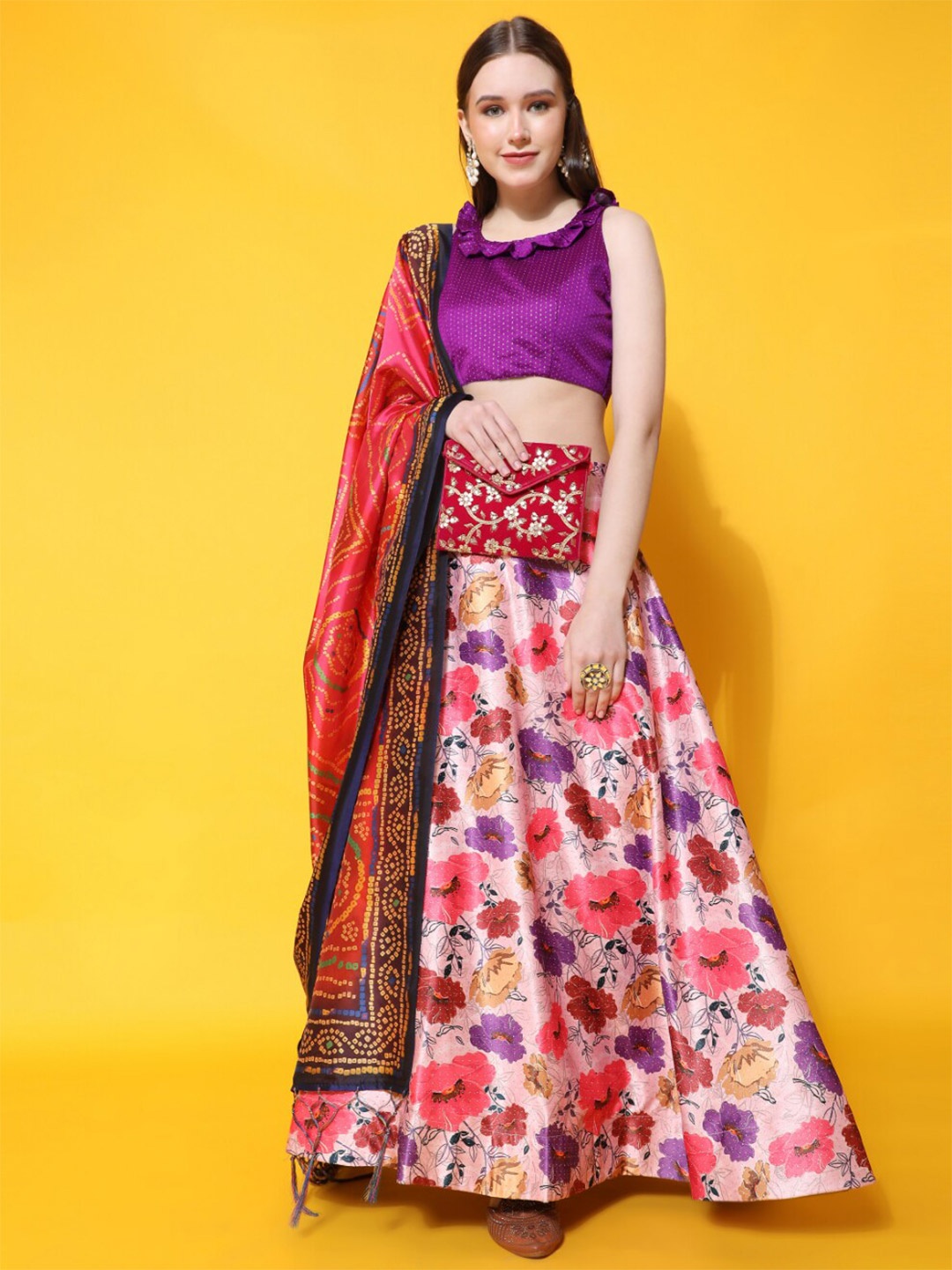 

Kaizen TEXO FAB Printed Semi-Stitched Lehenga & Unstitched Blouse With Dupatta, Purple