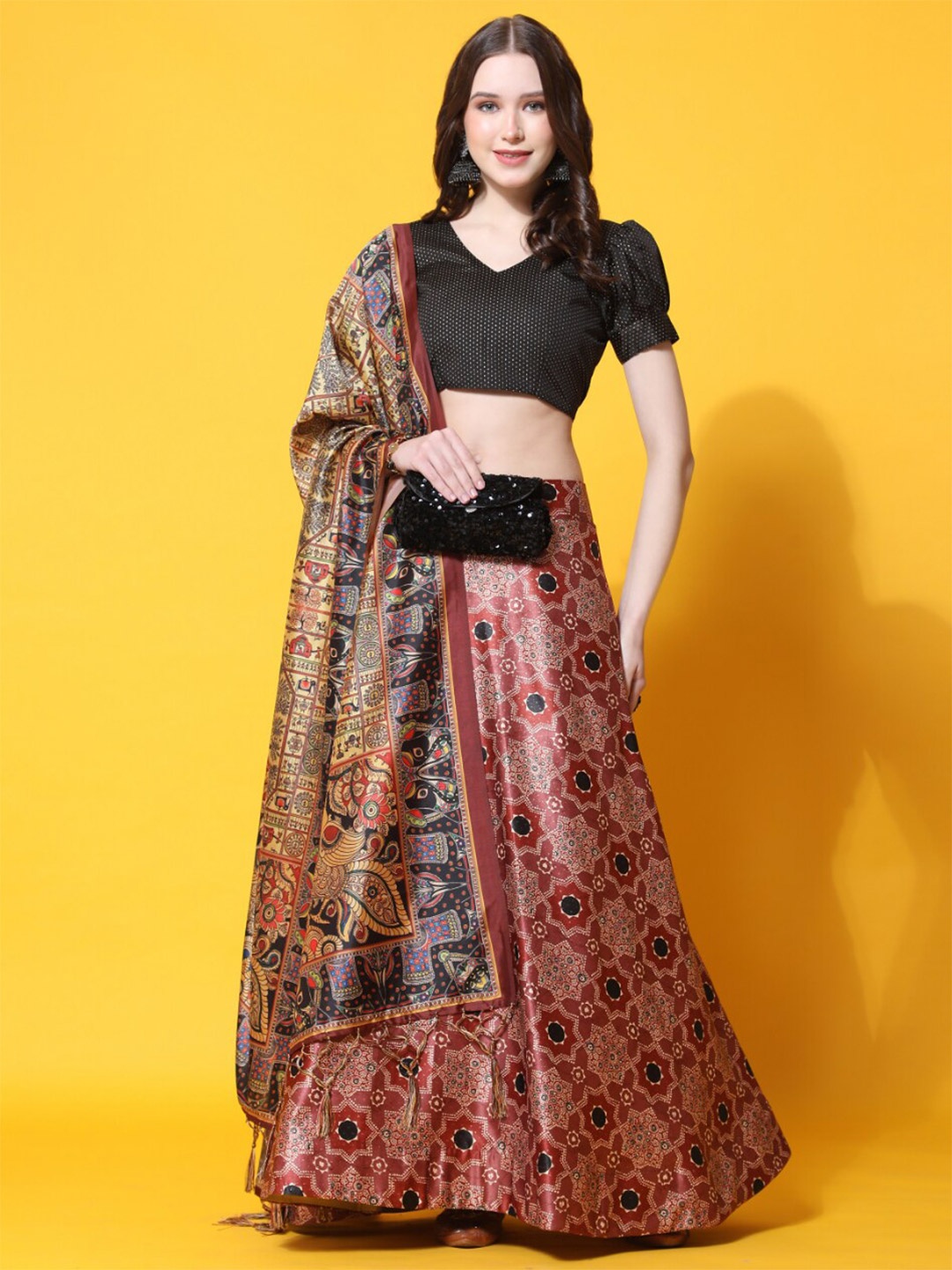 

Kaizen TEXO FAB Printed Semi-Stitched Lehenga & Unstitched Blouse With Dupatta, Black