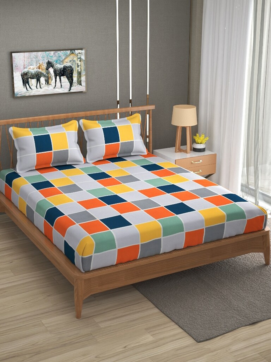 

Molly & Michel Grey & Orange Checked 210 TC Queen Fitted Bedsheet with 2 Pillow Covers