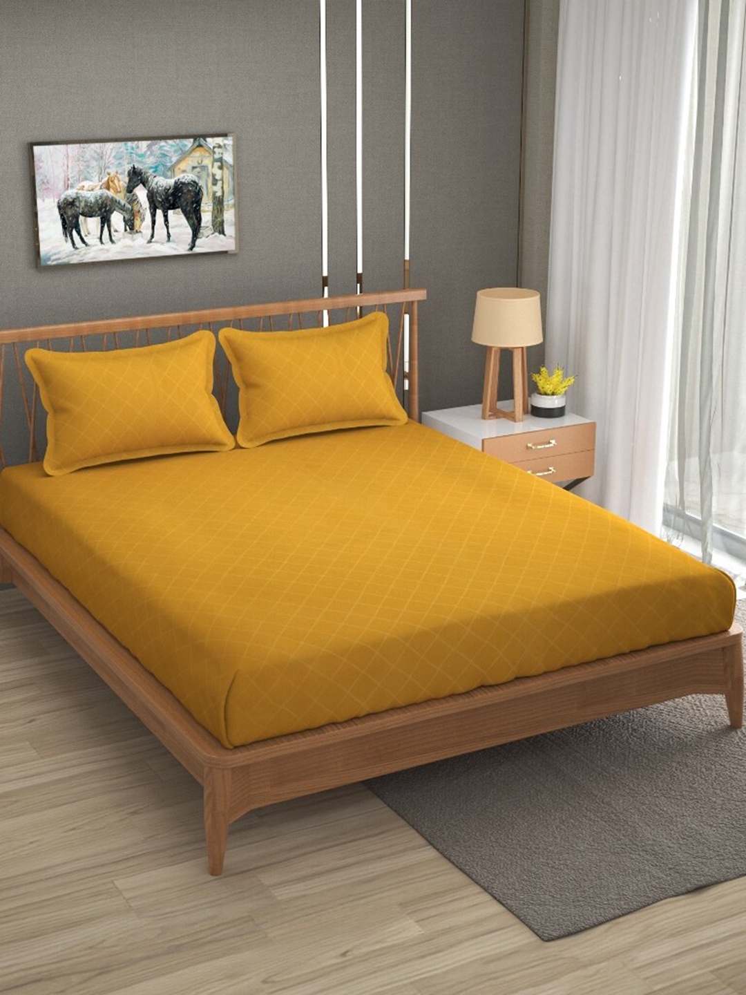 

Molly & Michel Mustard Yellow Checked 210 TC Queen Fitted Bedsheet with 2 Pillow Covers