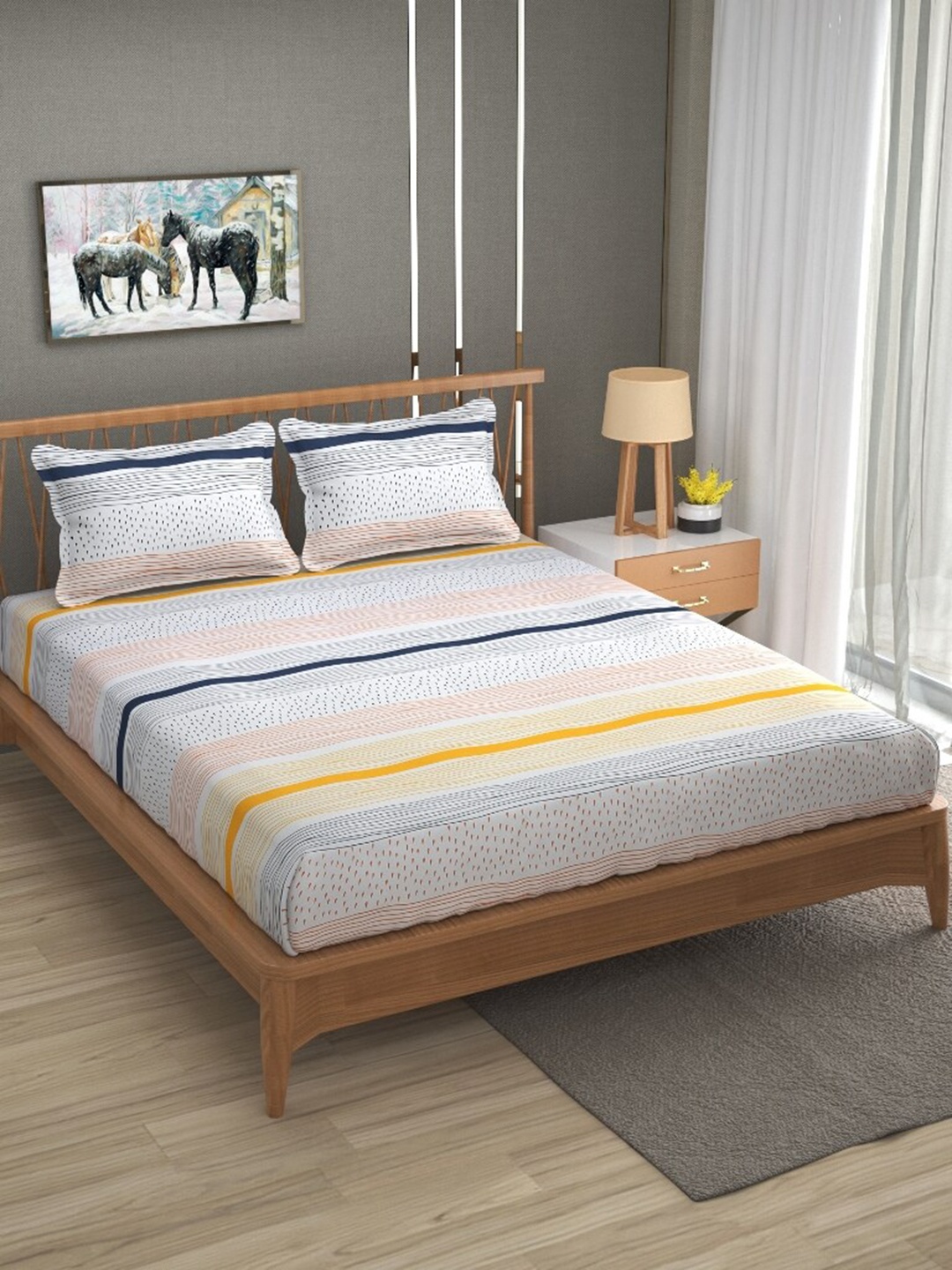 

Molly & Michel White & Yellow Striped 210 TC Queen Bedsheet with 2 Pillow Covers