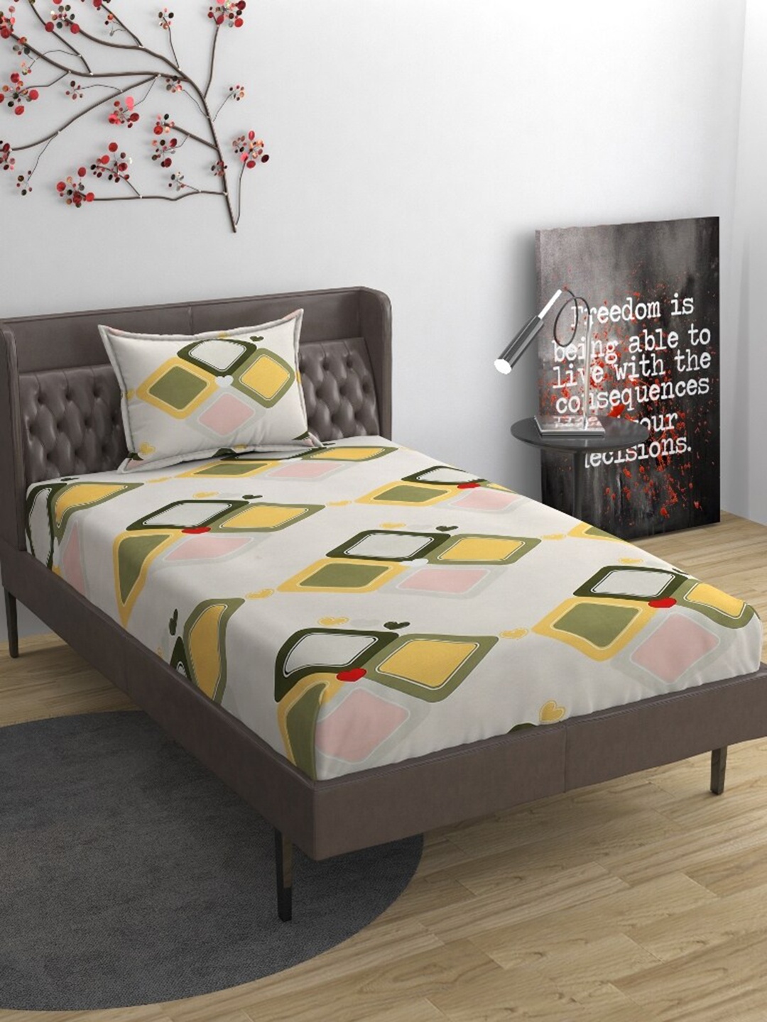 

Molly & Michel Cream-Coloured & Yellow Geometric 210 TC Single Bedsheet with Pillow Cover