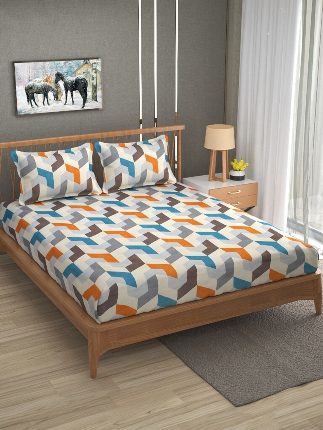 

Molly & Michel Cream-Coloured & Orange Geometric 210 TC Queen Bedsheet with 2 Pillow Covers