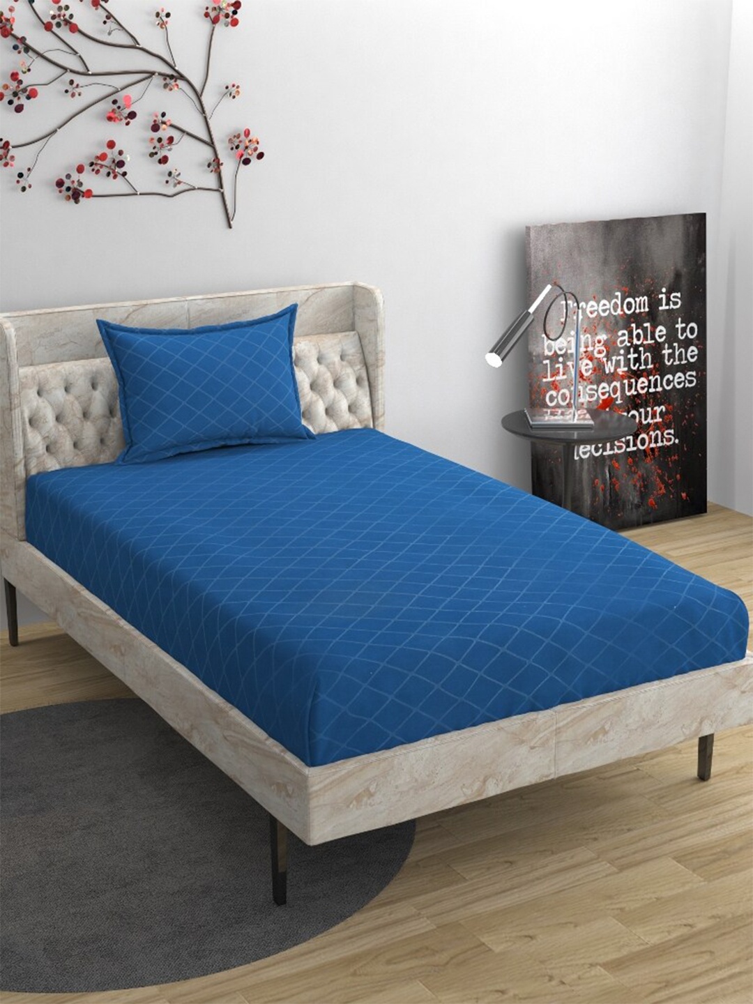 

Molly & Michel Blue Geometric 210 TC Flat Fine Single Bedsheet with 1 Pillow Covers