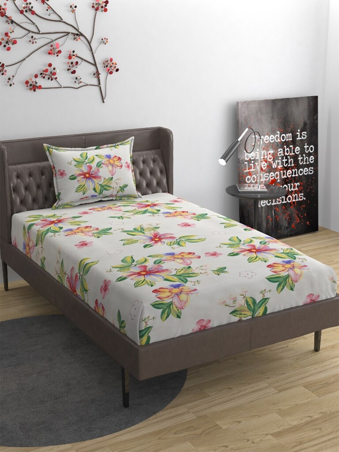 

Molly & Michel White & Green Floral 210 TC Single Bedsheet With 1 Pillow Cover