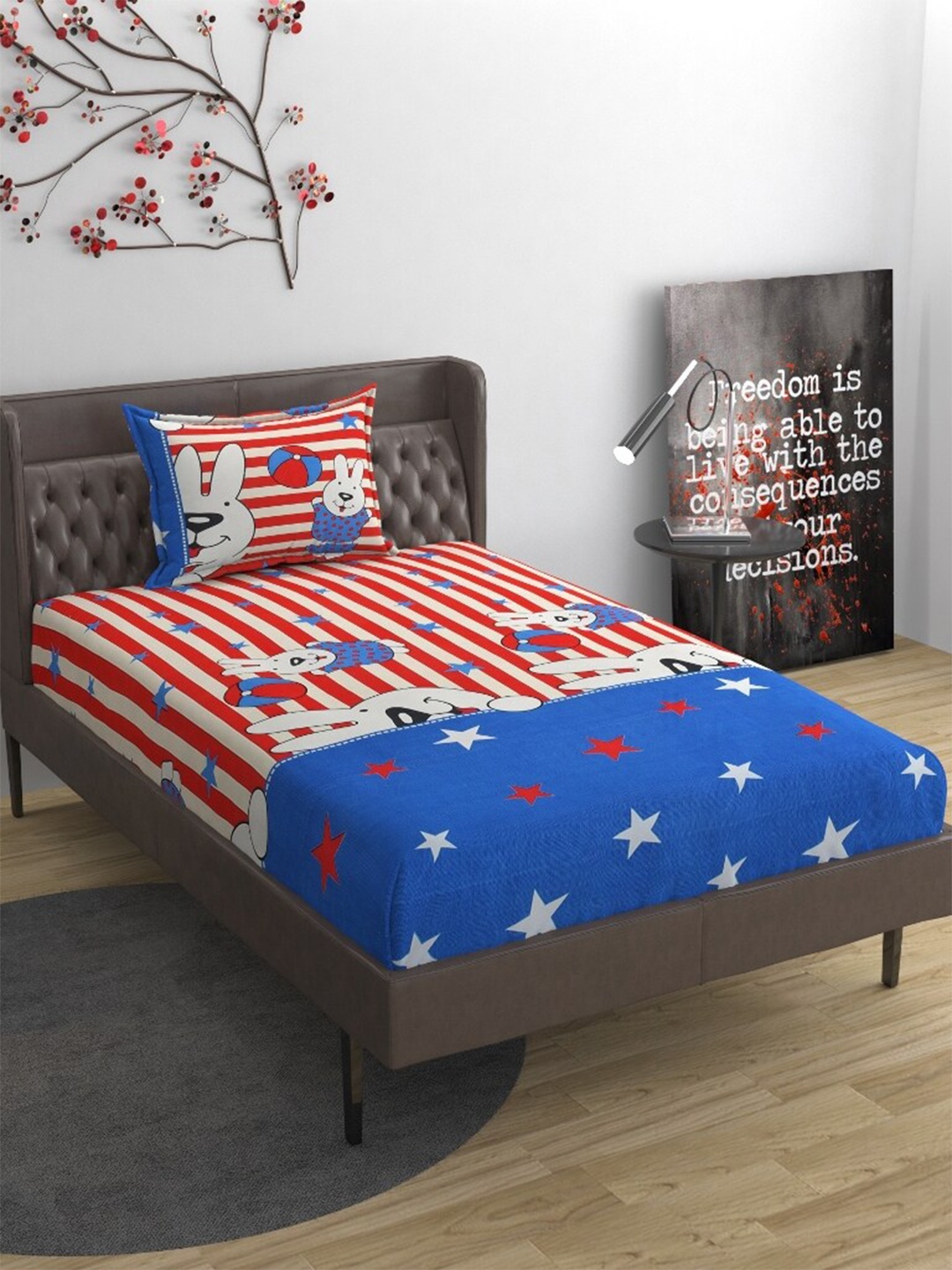 

Molly & Michel Blue & Red Cartoon Characters 210 TC Single Bedsheet With 1 Pillow Cover