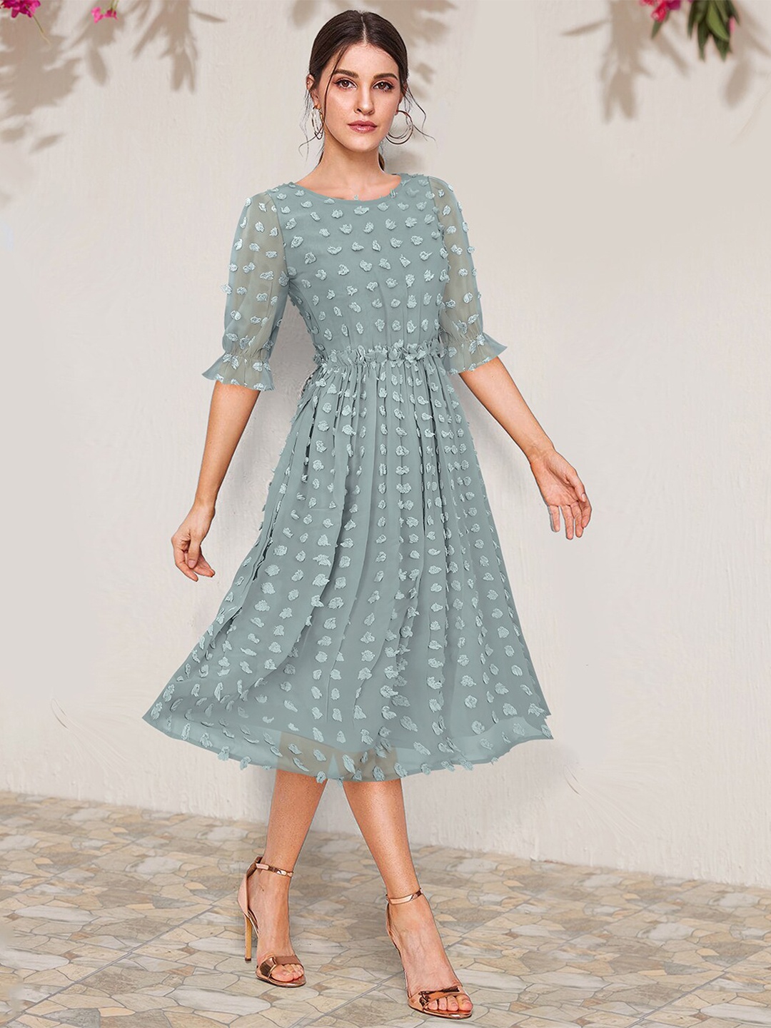 

KERI PERRY Self Design Georgette Fit and Flare Dress, Sea green